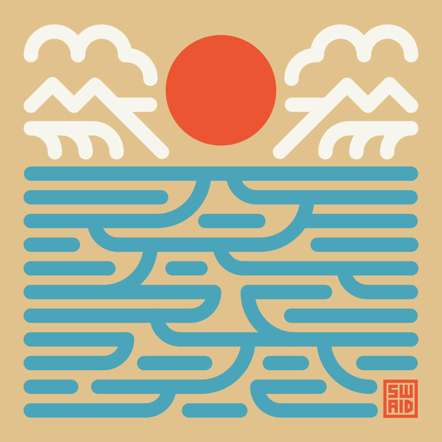 Simple and modern illustration of a scene featuring the ocean, waves, mountains, and sun, designed in a Scandinavian and Japanese influenced style by Scott Whitehouse / SWAID.