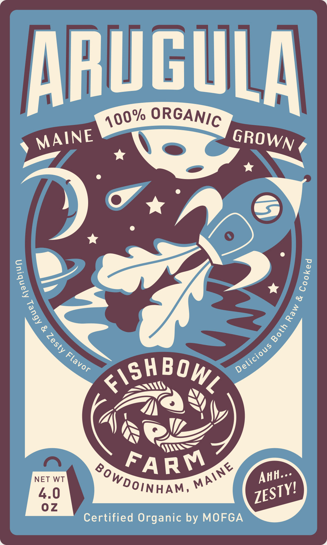 Funny and playful produce label illustration art for Fishbowl Farm organic arugula, featuring a blue label, a spaceship with kale instead of smoke, blasting off into space surrounded by the moon and planets in a vintage space scene.