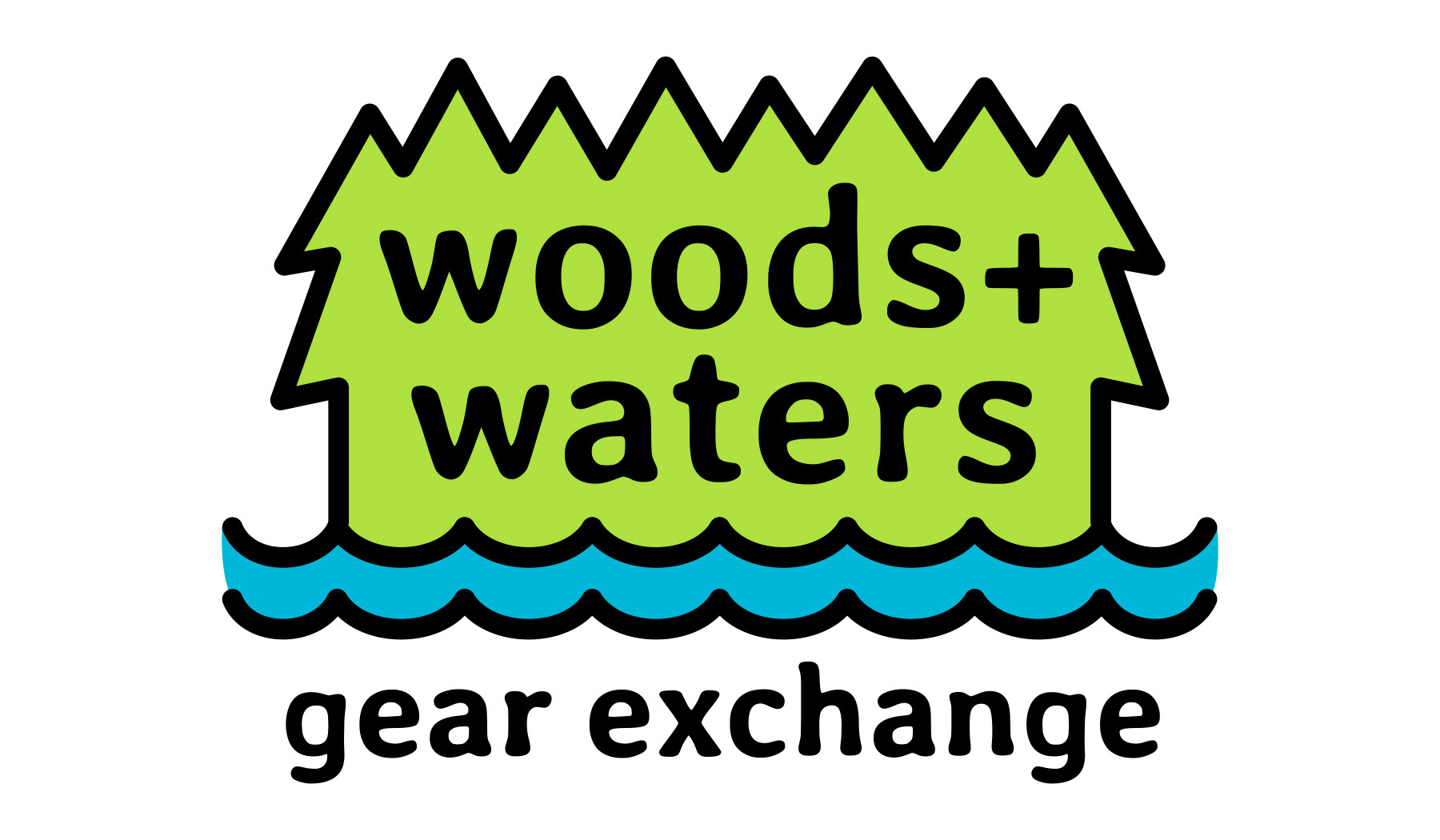 Logo design for Woods + Waters Gear Exchange in Brunswick, Maine, featuring type set over green pine trees with water underneath, drawn in a simple, clean outline style. 