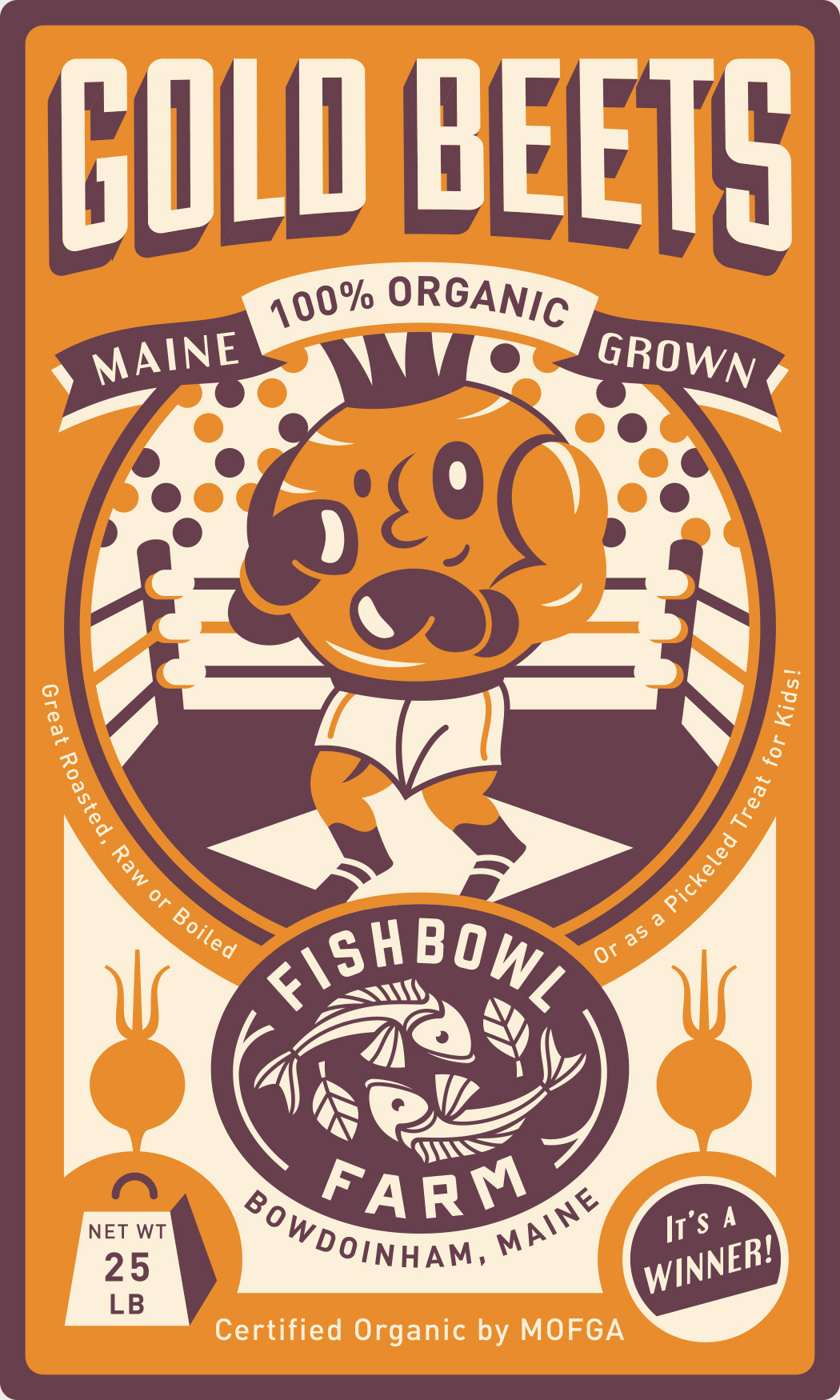 Funny and playful produce label illustration art for Fishbowl Farm organic gold beets, featuring an orange label, and a vintage illustration of a beet boxer in the boxing ring.