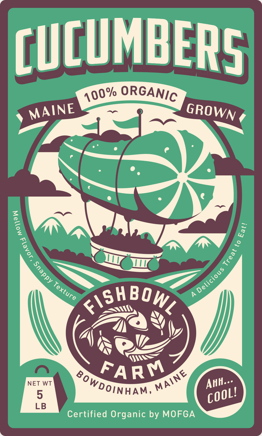 Funny and playful produce label illustration art for Fishbowl Farm organic baby kale, featuring a green label, a blimp with a cucumber instead of a balloon, flying through the clouds.
