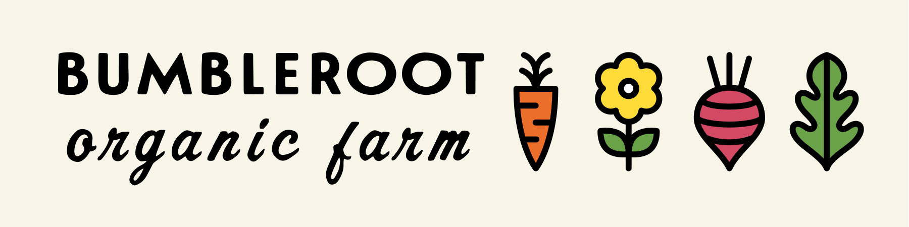 Bumbleroot Organic Maine Farm wide logo with produce icons of a carrot, daisy flower, turnip, and leaf.
