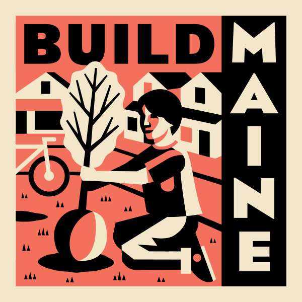 Logo for Build Maine Conference with WPA style illustration of a boy planting a tree by Scott Whitehouse.