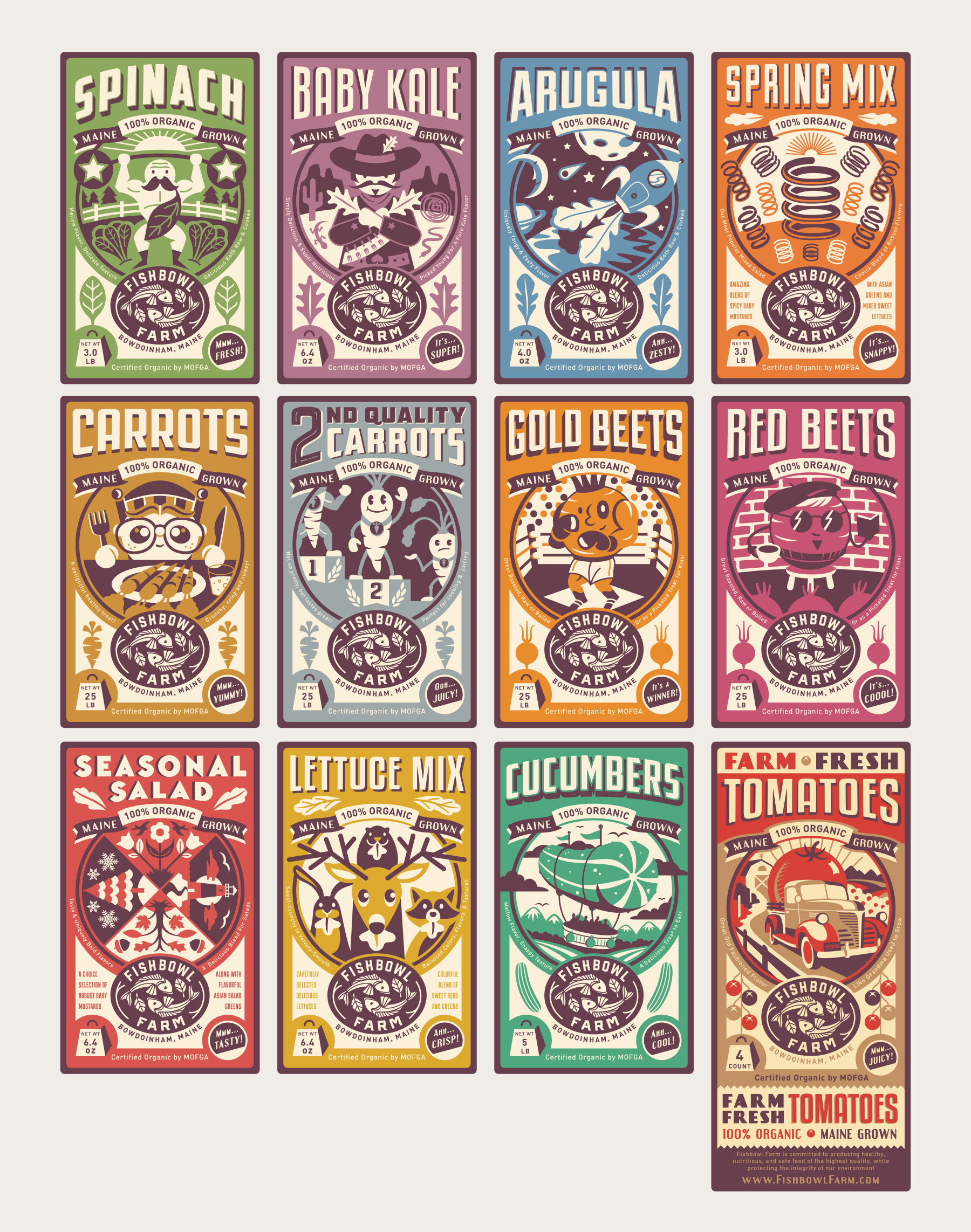 Produce label designs for Fishbowl Farm in Bowdoinham, Maine, each designed in a different color for each product: spinach, baby kale, arugula, spring mix,carrots, gold beets, red beets, seasonal salad, lettuce mix, cucumbers, and tomatoes. Each label features fun and cute vintage-style funny illustrations that play off the product.