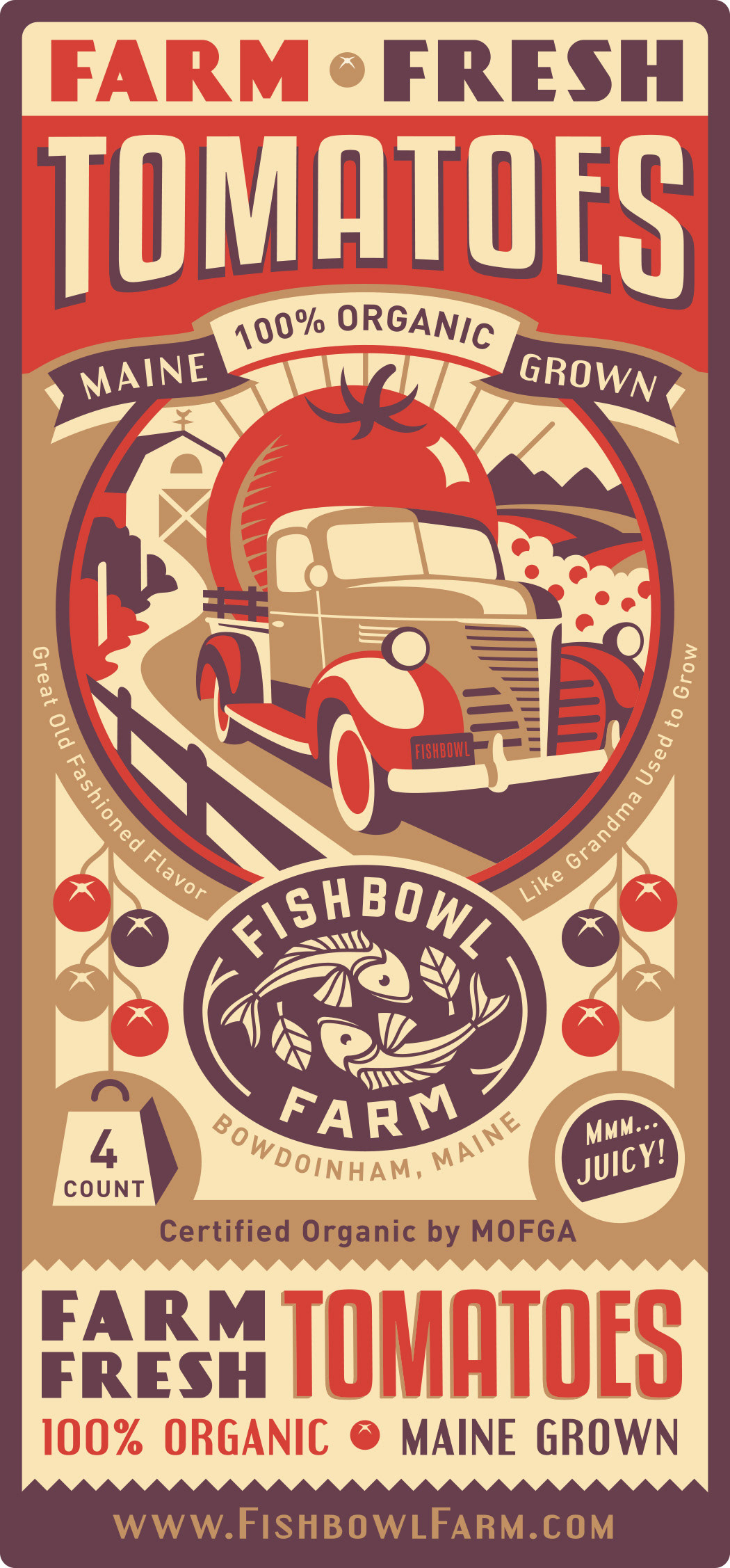 Funny and playful produce label illustration art for Fishbowl Farm organic tomatoes, featuring a vintage label design with an old pickup truck carrying a huge tomato in the back, drawn in the style of a vintage fruit crate label.