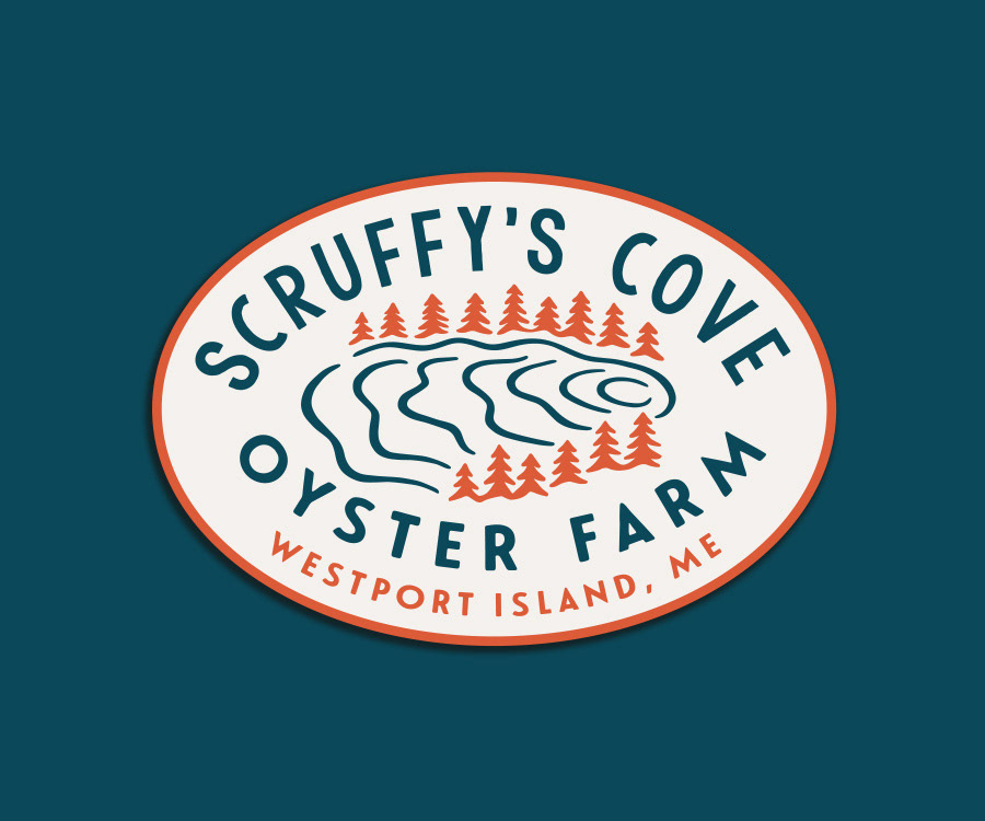 Oval logo patch for Scruffy's Cove Oyster Farm in Maine by Scott Whitehouse.