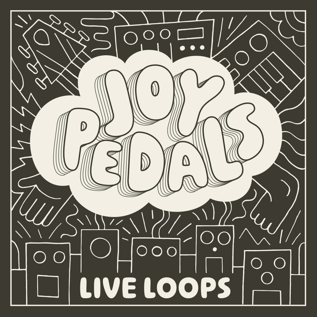 Cloud graphic logo for Joypedals featuring line art of guitar pedals and instruments inspired by Keith Haring, by Scott Whitehouse.