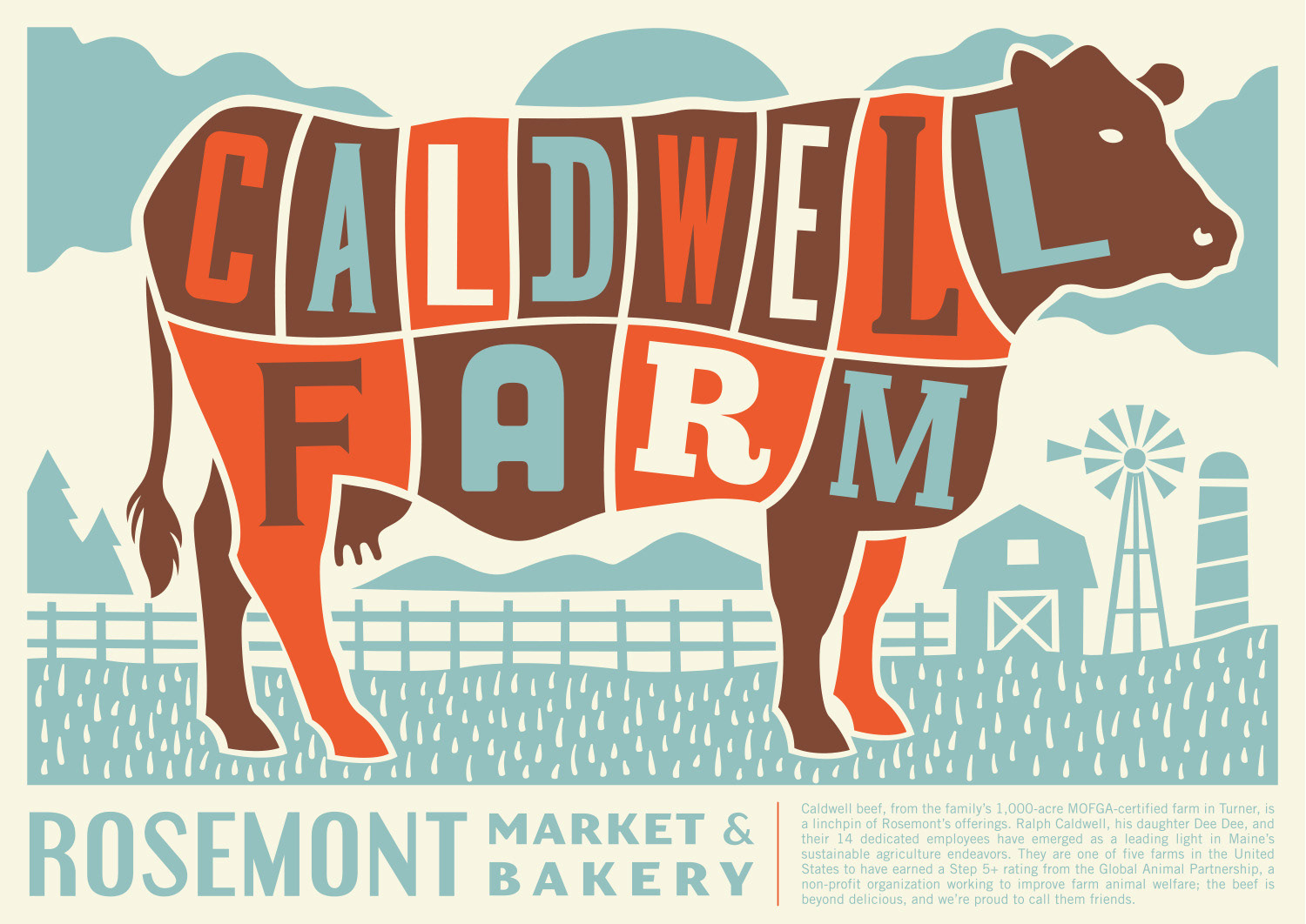 Rosemont Market & Bakery poster illustration for Caldwell Farm, featuring a cow butcher cut chart graphic. Drawn in vintage woodcut style art.