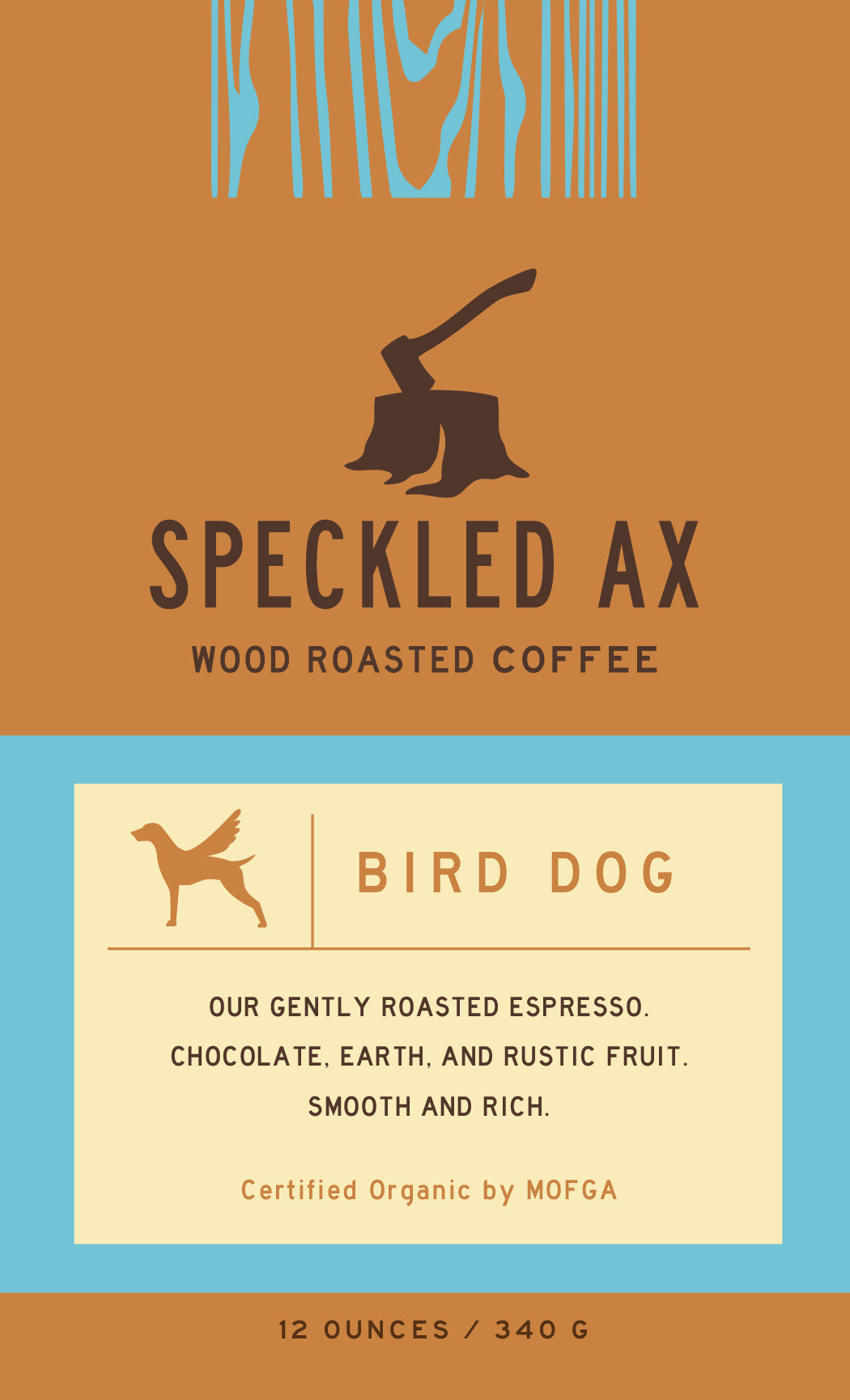 Speckled Ax Wood Roasted Coffee bag design for Bird Dog coffee blend on a gold brown bag.