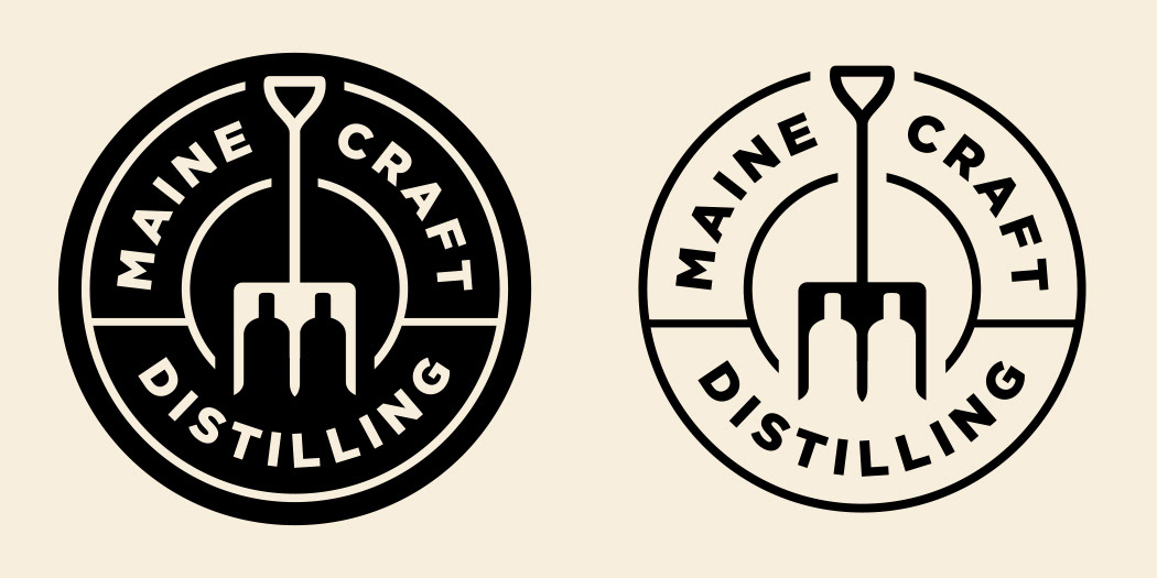 Maine Craft Distilling logos in black and white, featuring a  pitchfork with a liquor bottle cutout. Logo design is a circle seal.