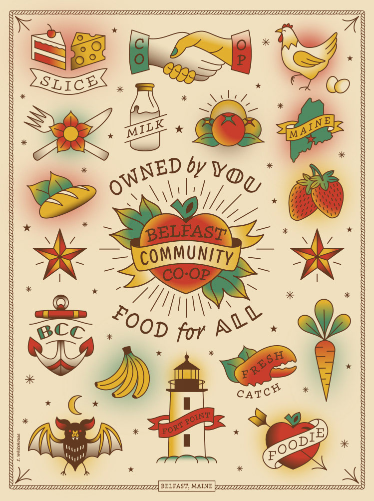 Belfast Community Coop poster illustration featuring American Traditional old school tattoos based on food and Maine, with a sacred heart tattoo in the center.