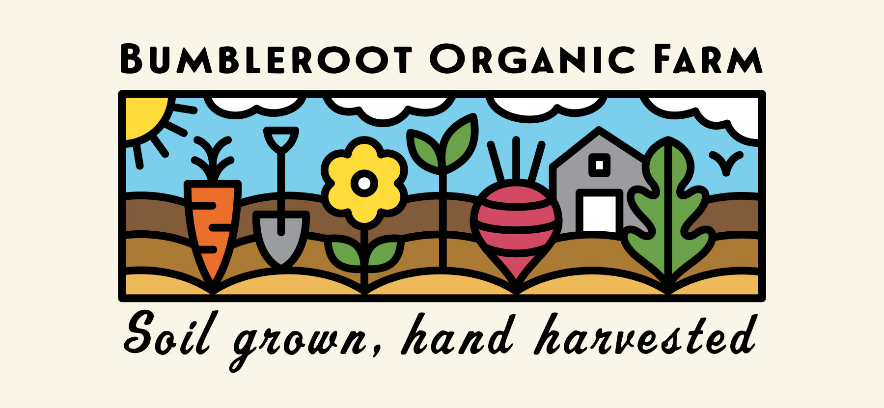 Bumble Root Organic Farm illustration of an outdoor farm field and a carrot, shovel, daisy, turnip, and leaf drawn with cute, fun, and simple thick clean lines. Includes the tagline "Soil grown, hand harvested".
