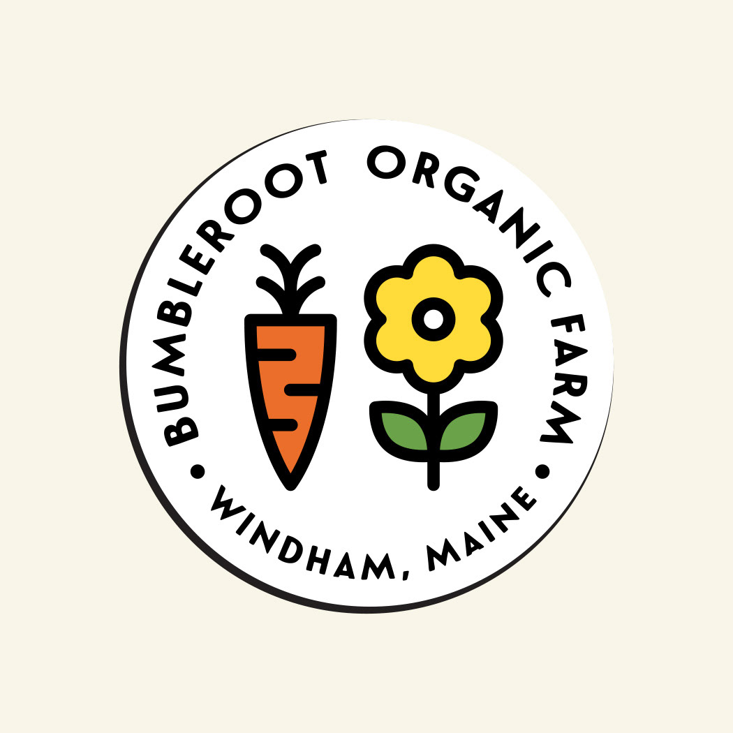 Bumbleroot Organic Maine Farm simple icon logo for social media, featuring a simple carrot and daisy flower illustration.