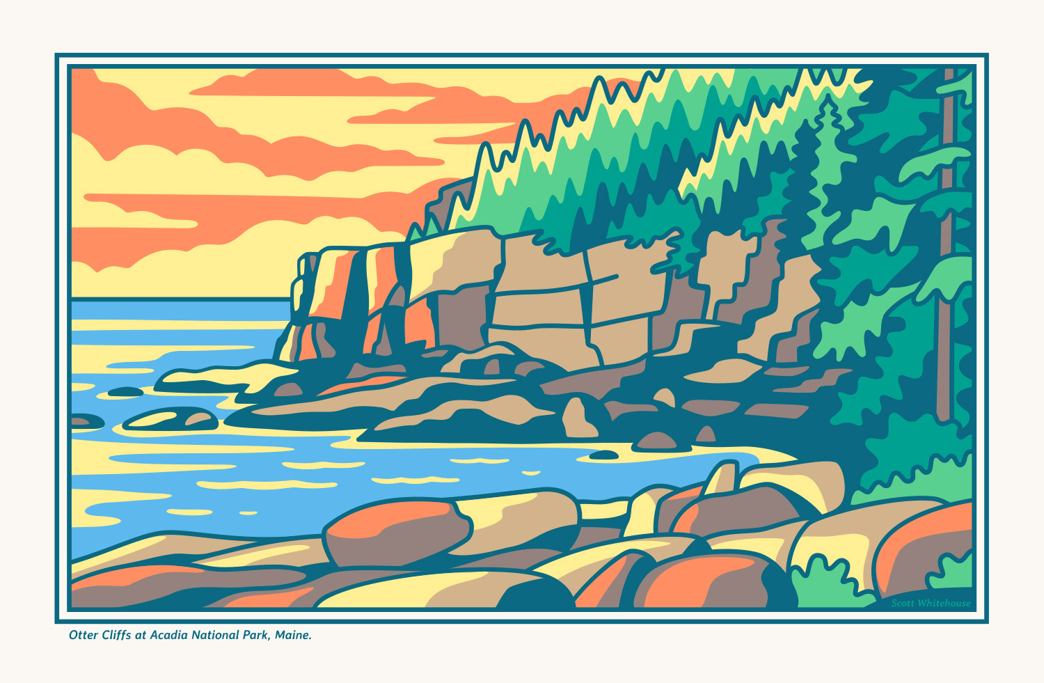 Access Fund t-shirt design sunset illustration of Otter Cliffs at Acadia National Park, Maine