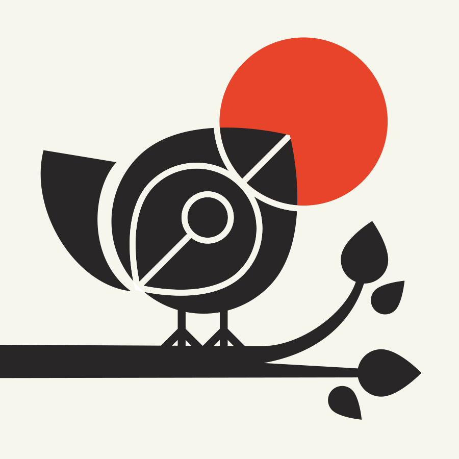 Simple and modern illustration of a bird on a branch looking at the sun, designed in a Scandinavian and Japanese influenced style by Scortt Whitehouse / SWAID.
