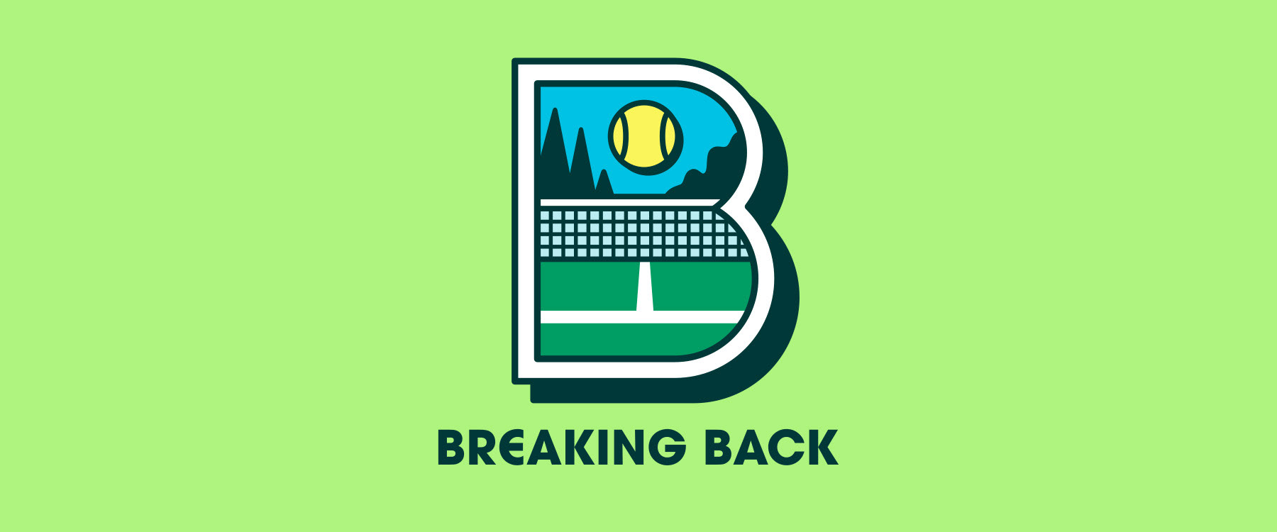 Breaking Back podcast logo featuring a large letter B monogram with a tennis scene illustration of a tennis ball going over a net set inside of the letter icon logo.