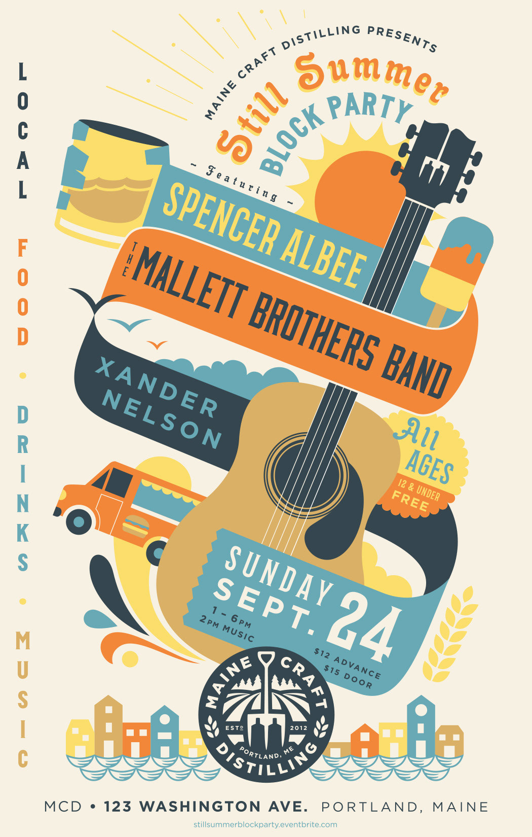 Summer block party poster design featuring a guitar, whiskey glass, food truck, and Portland waterfront.