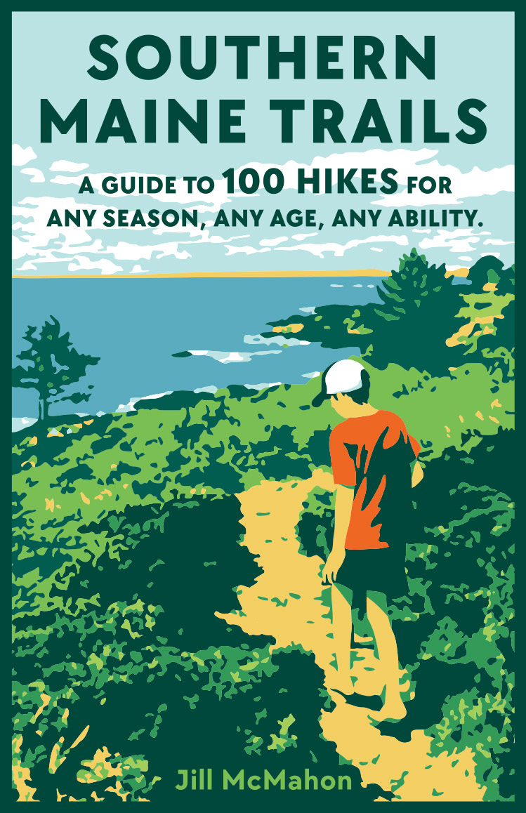 Southern Maine Trails hiking guide book cover design, featuring an illustration of a boy hiking a trail by the ocean.