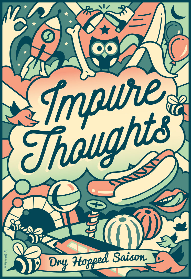 Impure Thoughts label design for Foulmouthed Brewing Dry Hopped Saison, featuring illustrations of sexual symbols and innuendos, such as the birds and the bees, hooters, knocking boots, red rocket, licking lips, and melons.