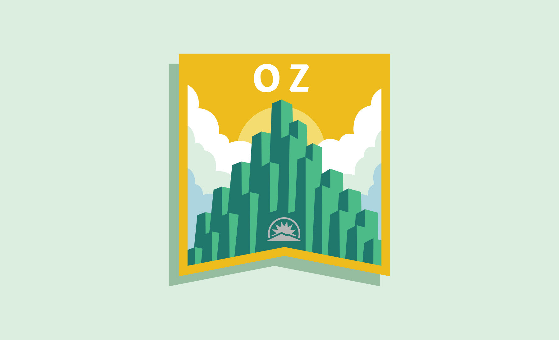 Sunday River OZ mountain peak ski resort trail badge logo design featuring the Emerald City and clouds illustrated by Scott Whitehouse.