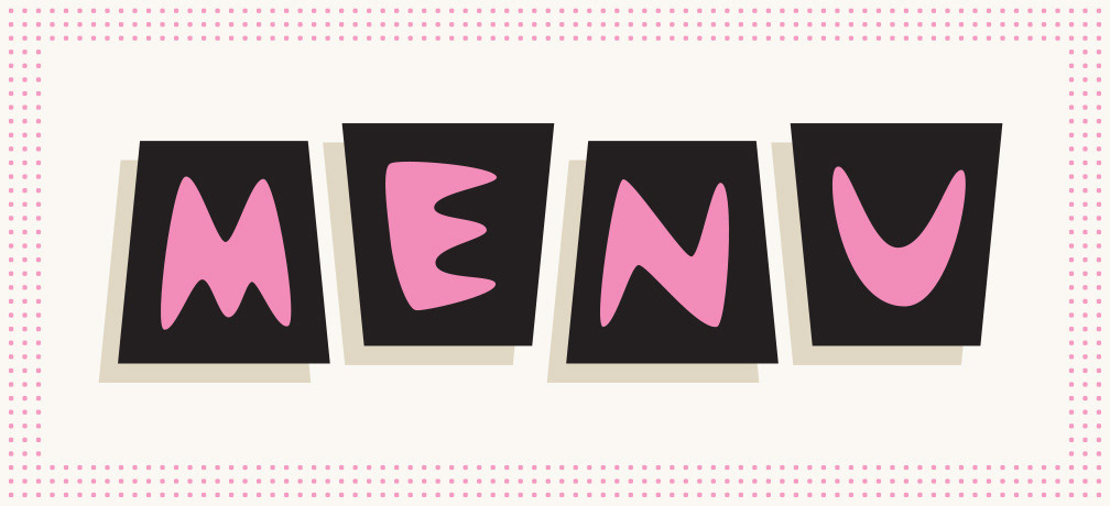 Retro mid century modern type for the word MENU featuring letters in individual seperate square blocks with retro rounded letters font.