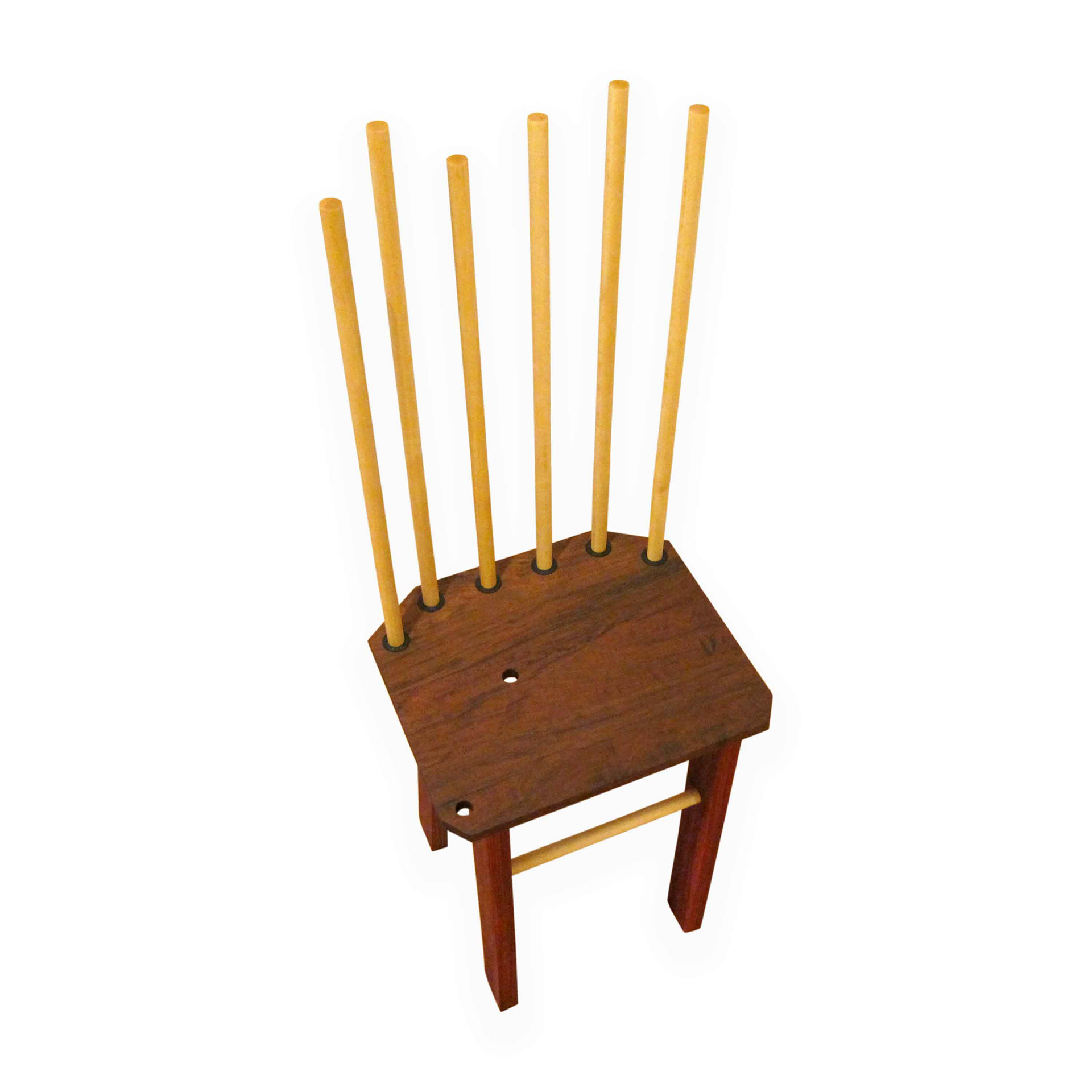 Wooden chair with a dark brown square seat, six vertical light wood rods as backrest, and four legs. Modern, minimalist design with a unique structure.
