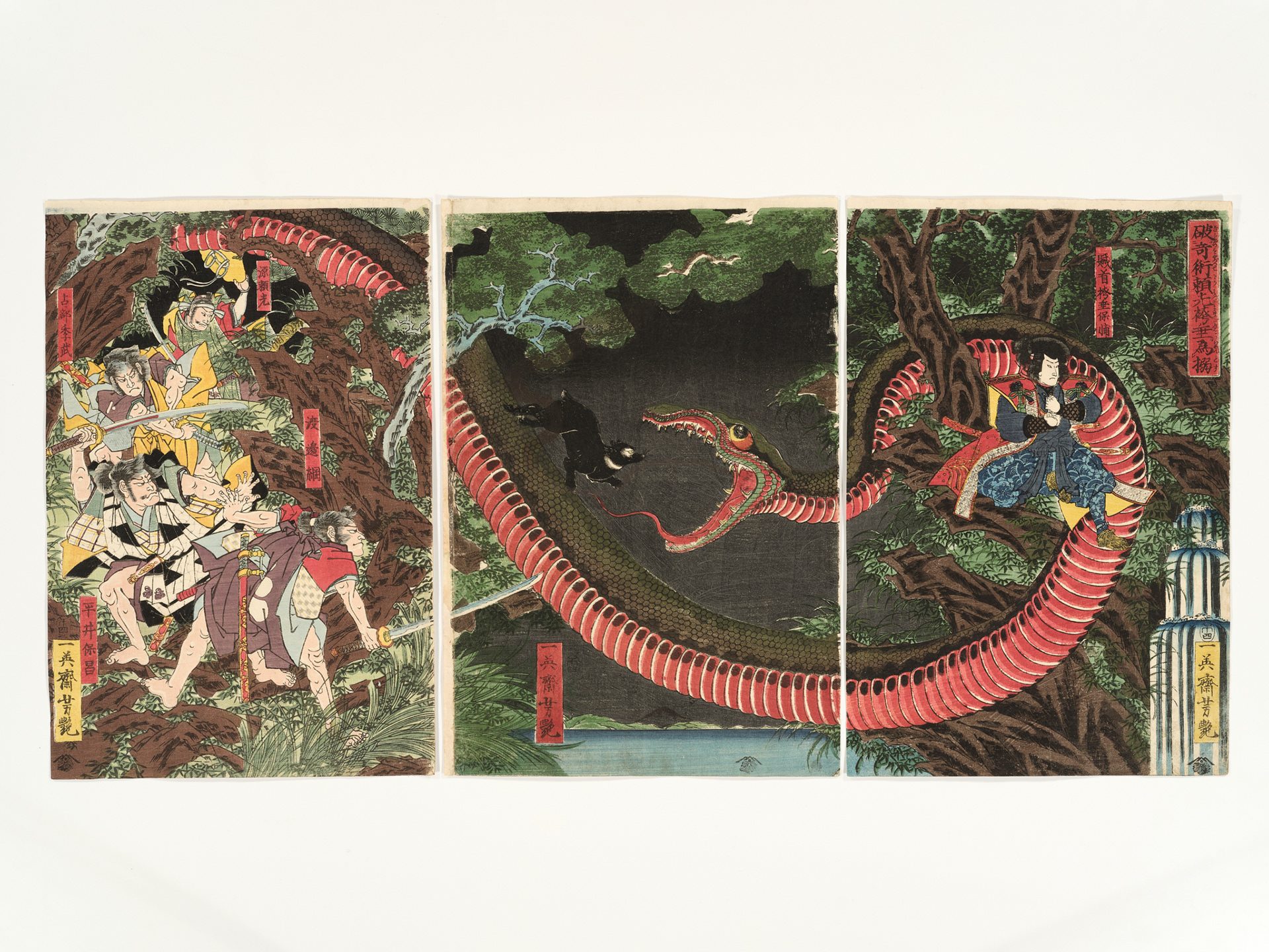 Ichieisai Yoshitsuya (1922 - 1866) - Triptych of Yorimitsu tries to capture Hakamadare by destroying his magic - 1858