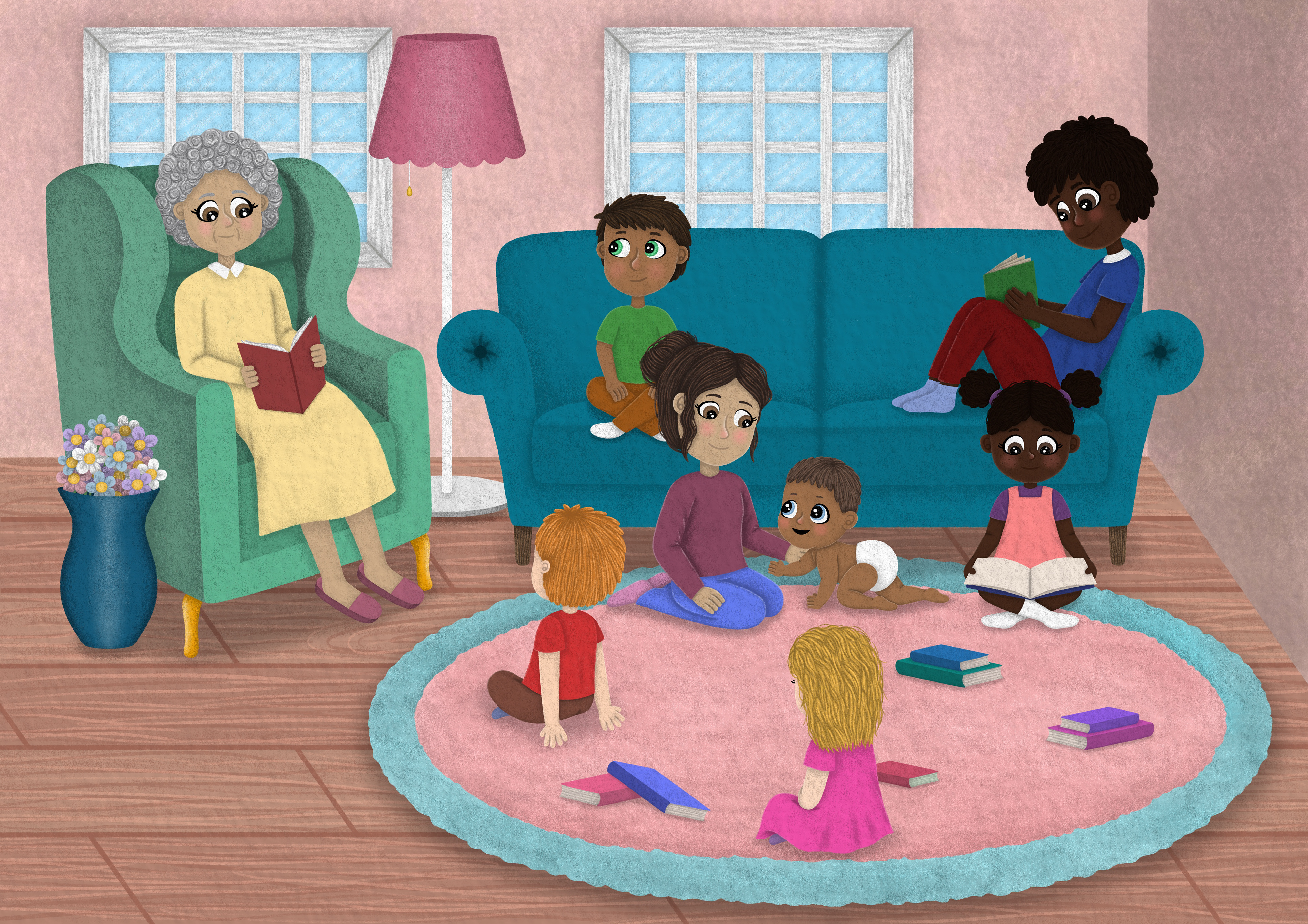 Grandma Reading to Grandchildren Illustration