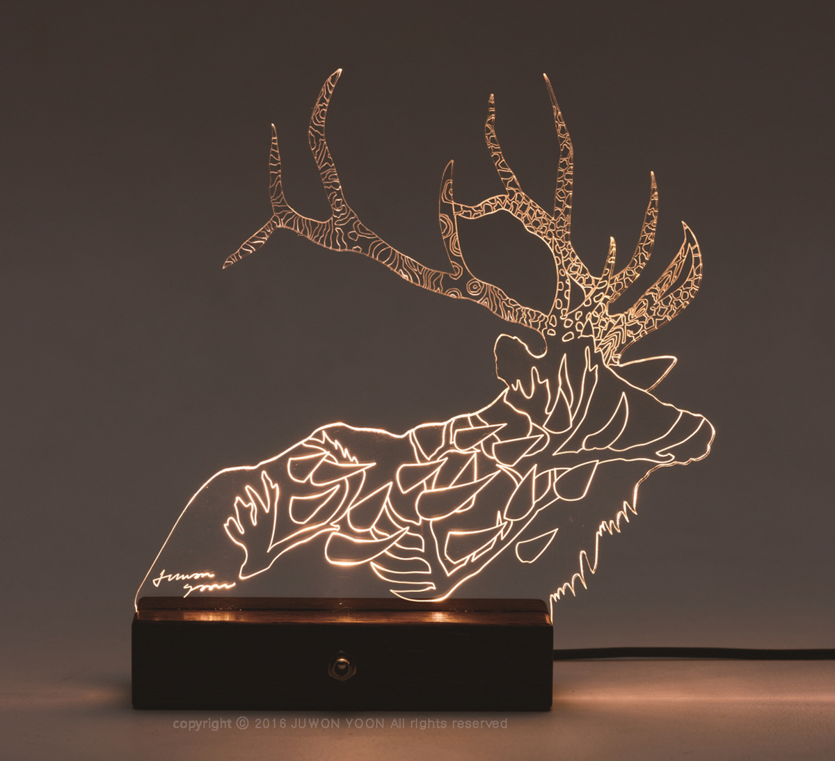 BEJEWELD ELK LED LAMP W17xL19xH5cm acrylic panel, LED base (Merbau wood) USB cable and adaptor 2016 (sold out)