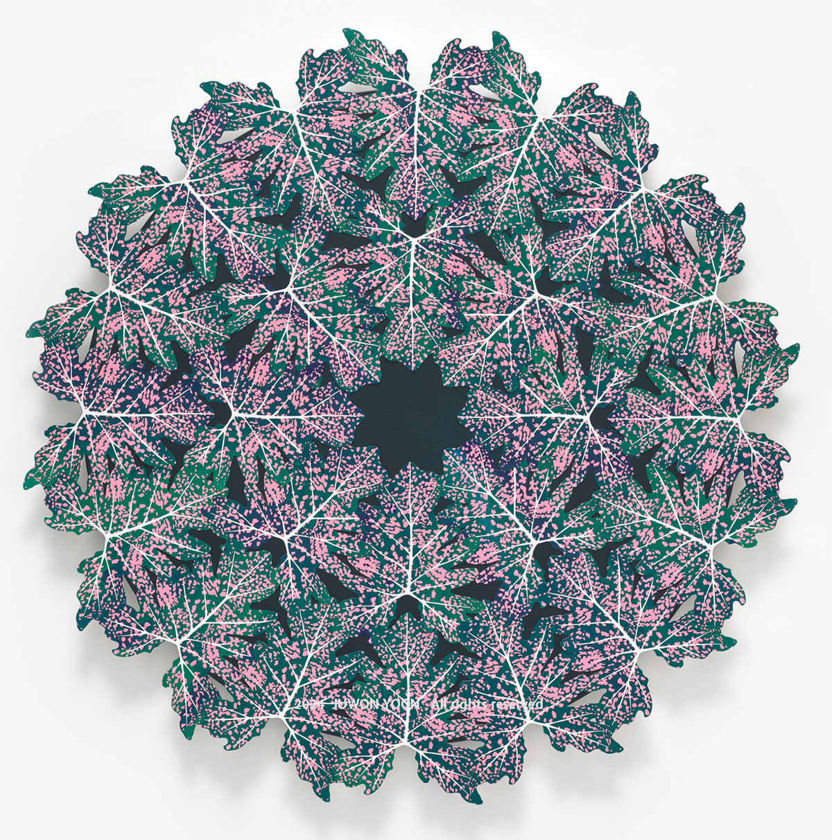 소용돌이 이파리 A SPINNING WHIRL OF FOLIAGE (ORCHID) NO.5 Ø 96cm, silkscreen, acrylic and collage on canvas, 2024