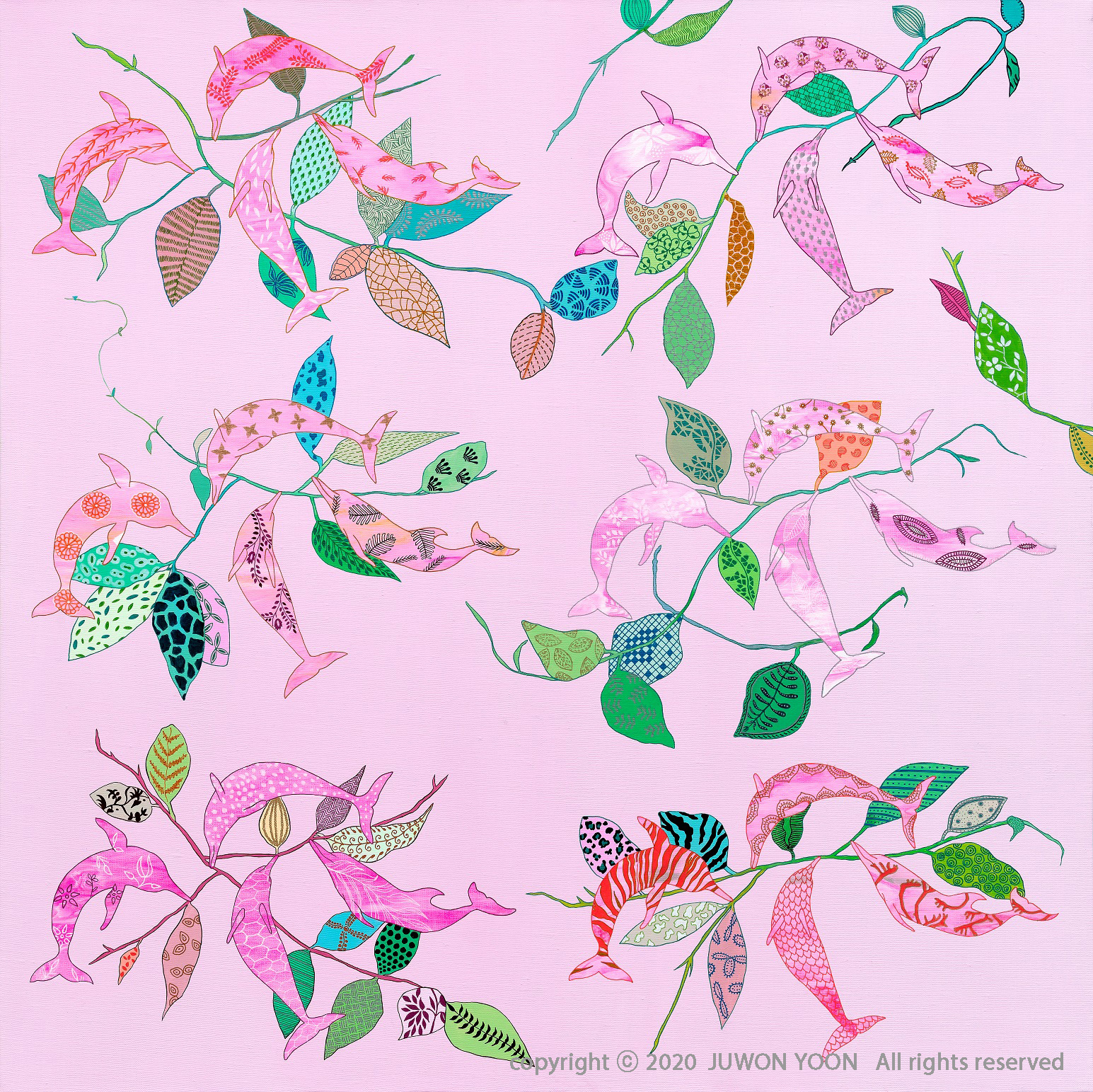 분홍호야돌고래 PINK HOYA DOLPHIN 91x91cm silkscreen and acrylic on canvas 2020