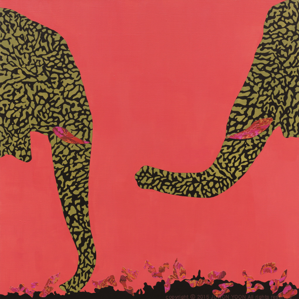  코끼리 한 쌍 A PAIR OF ELEPHANTS 91x91cm acrylic and collage on canvas 2015