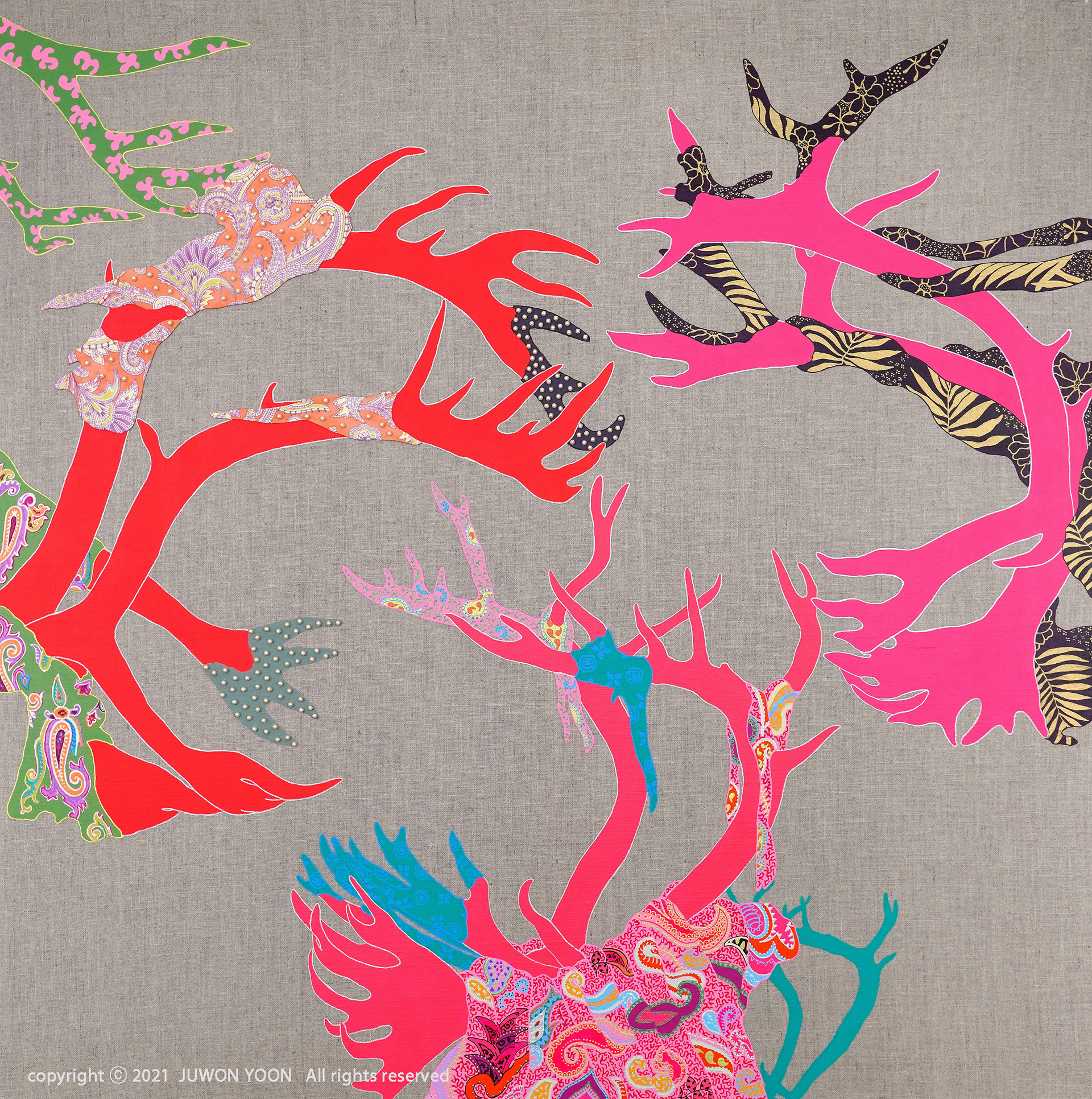 늘어진 가죽 DROOPY VELVET 91x91cm, acrylic and collage on canvas. 2021