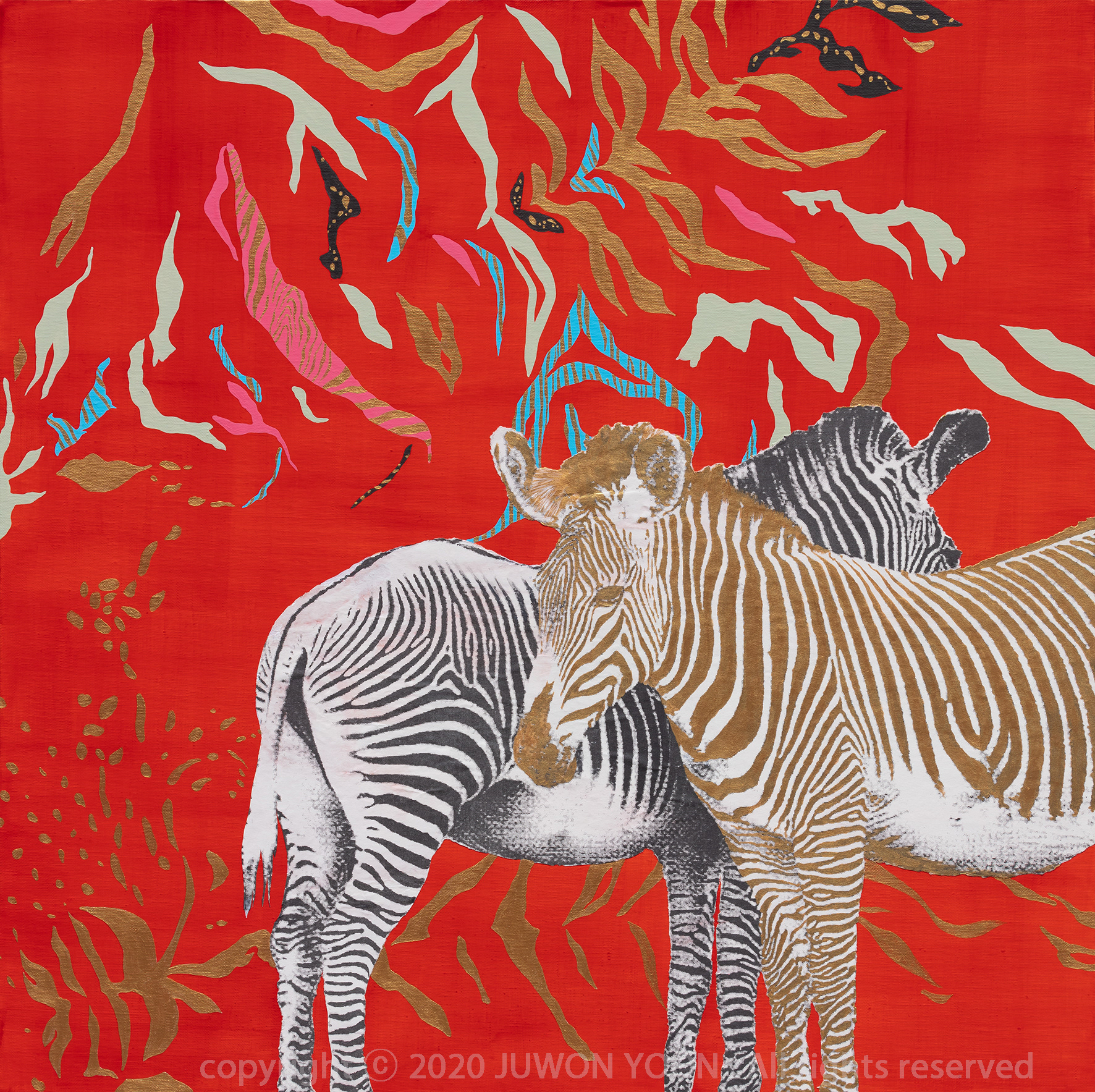 금빛 얼룩말 GOLD ZEBRA 72.7x72cm acrylic and collage on canvas 2020