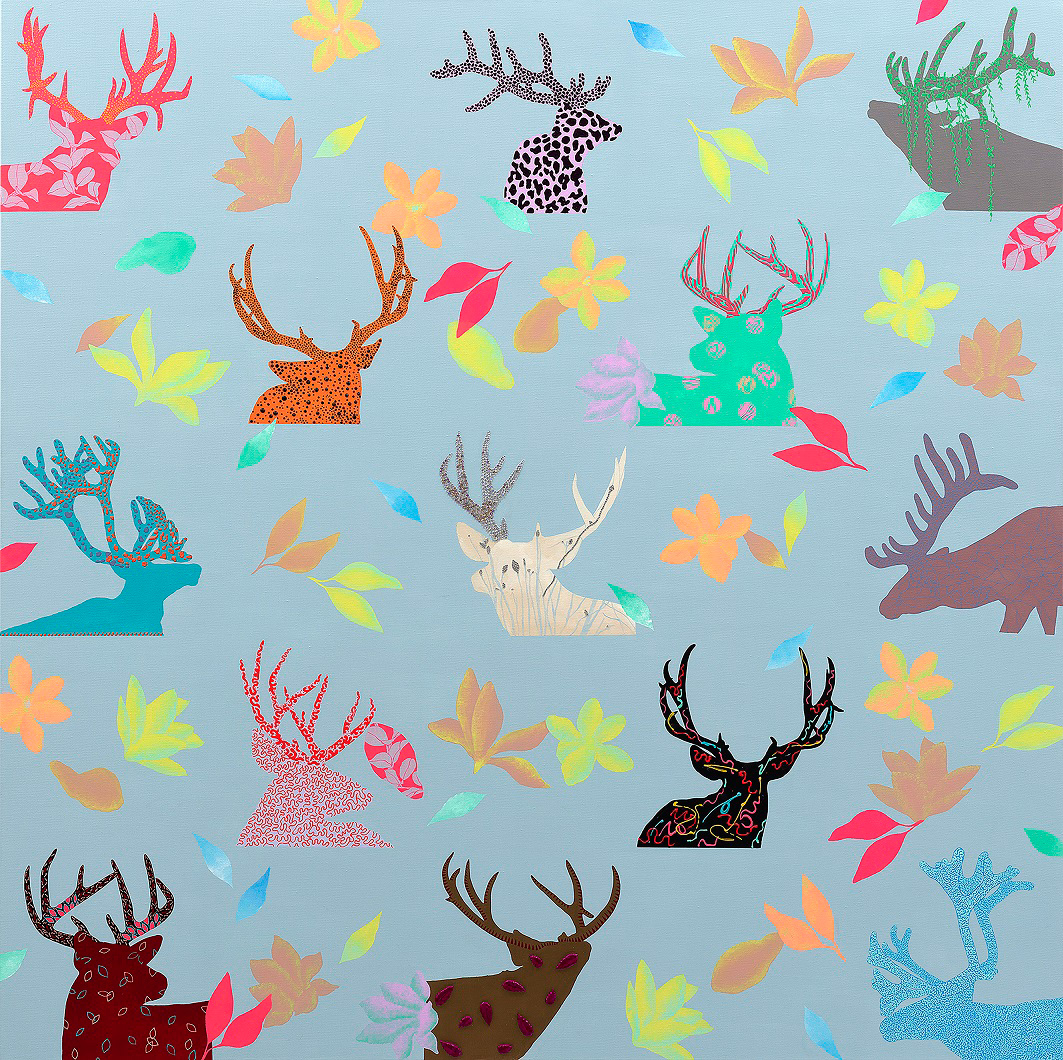 봄의향연 A FEAST OF SPRING 130.3x130.3cm, acrylic and stencil on canvas, 2022