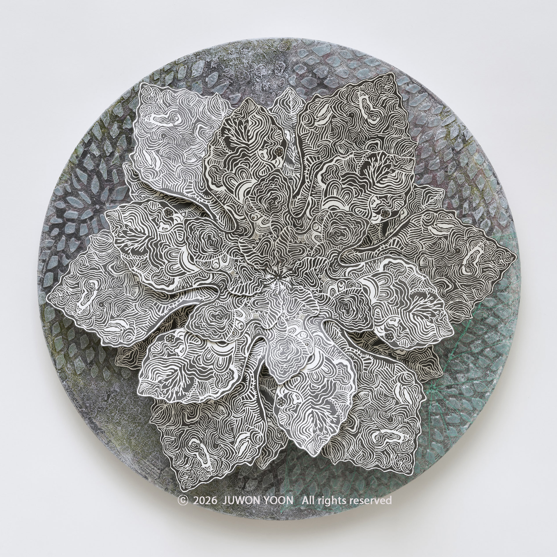여섯잎의 순환:심연 Rebirth-Hexa Foliage: Abyss Ø50cm mixed media on canvas 2026
