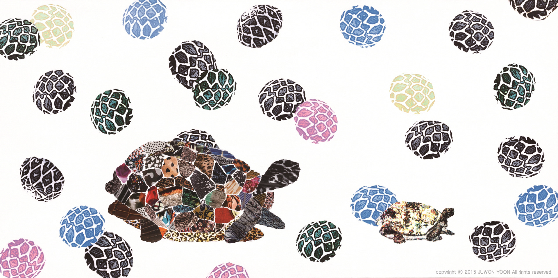 거북이 한쌍 A PAIR OF TORTOISES 50x100cm acrylic and collage on canvas 2015