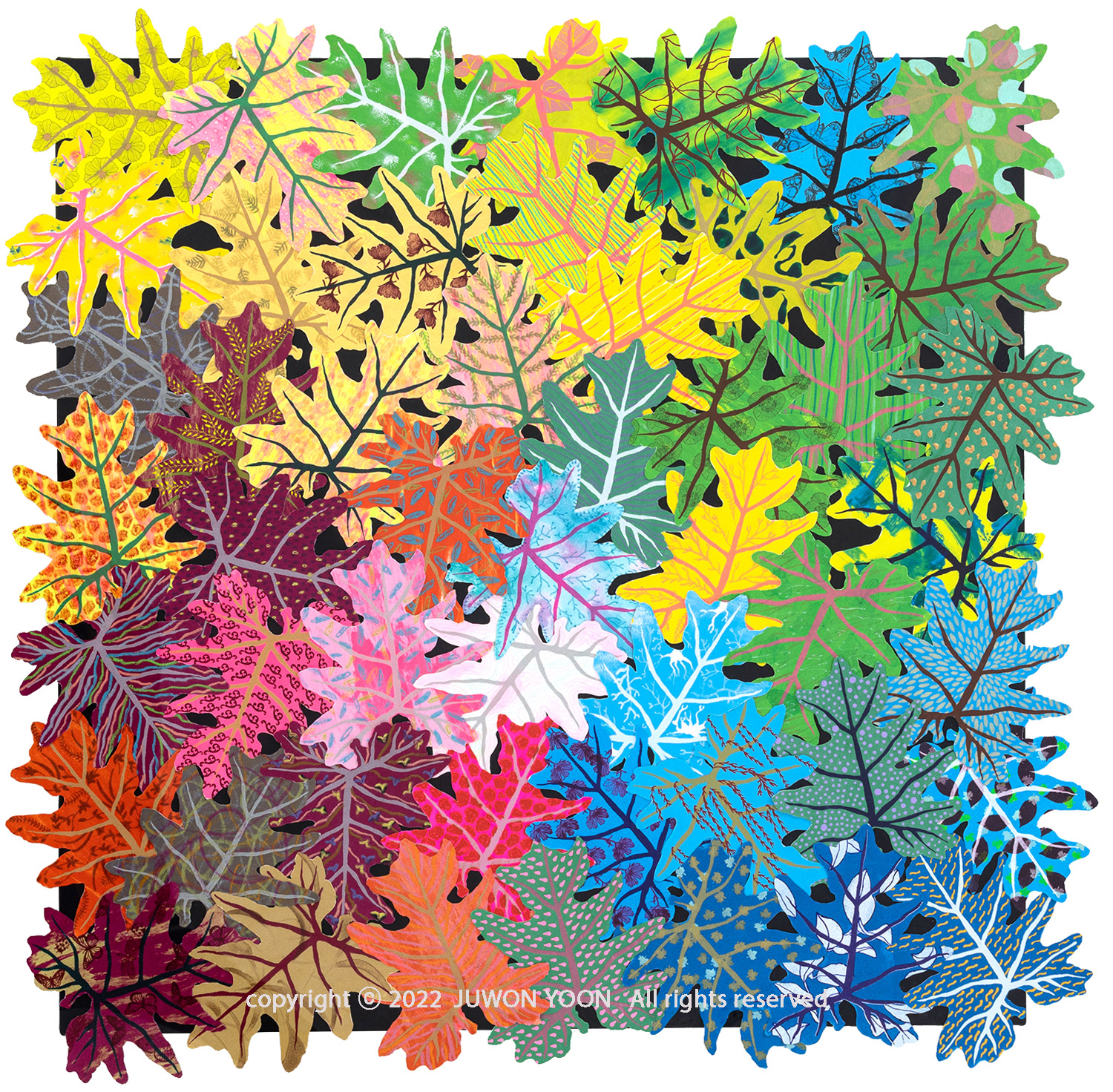 이파리 FOLIAGE 80x80cm, silkscreen monotype prints collage on canvas, 2022