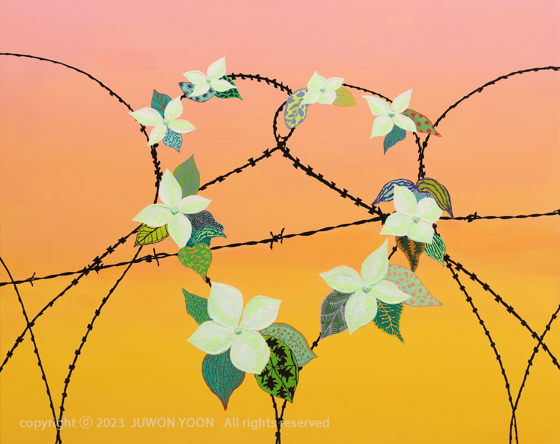 철조망 위 핀 꽃 FLOWERS BLOOMING ON A HEART-SHAPED WIRE 73x91cm, acrylic on canvas, 2023 (나단프로젝트 전시)