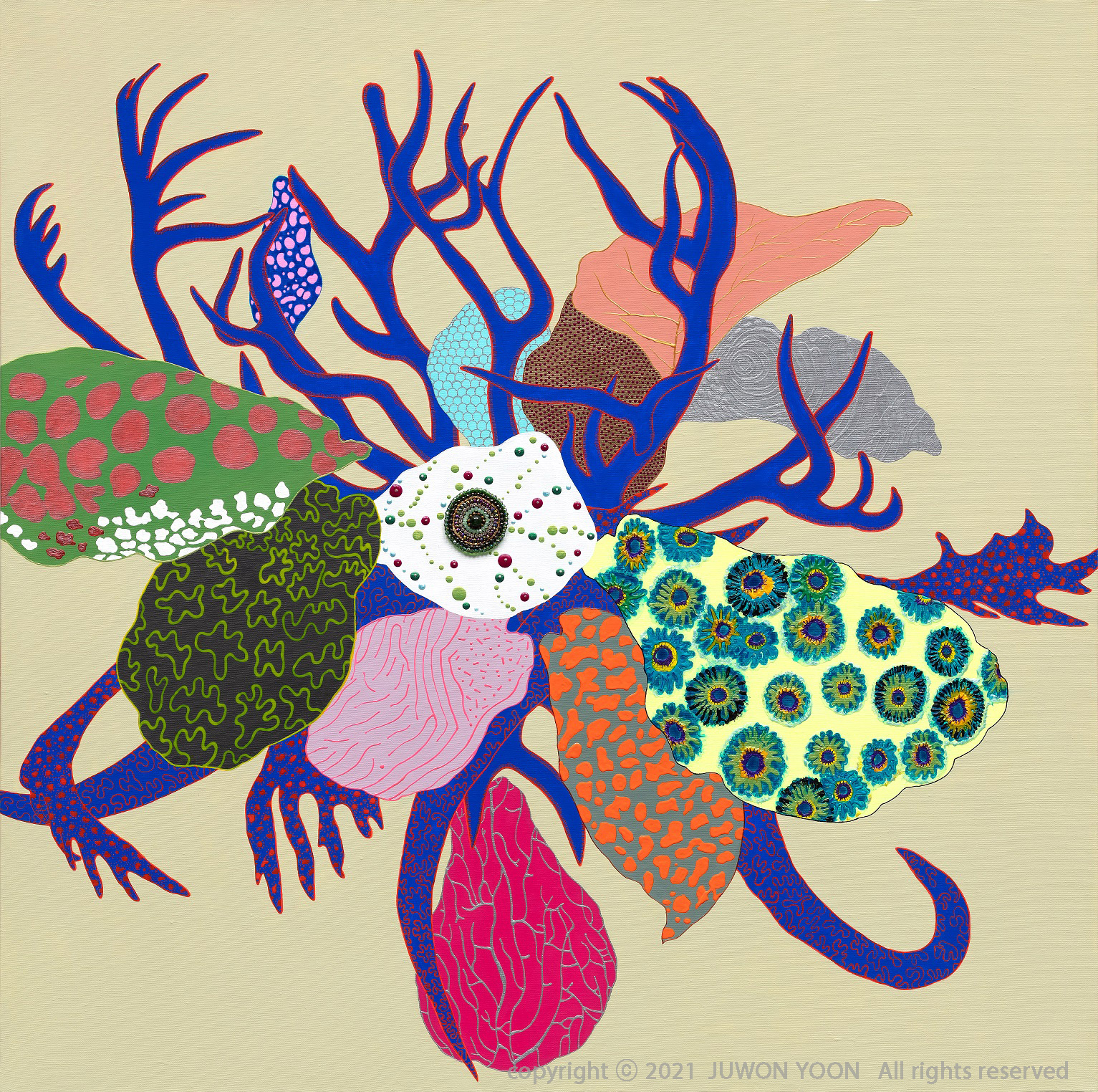 가지를 뻗다.BRANCH OUT 91x91cm. acrylic and collage on canvas, 2021