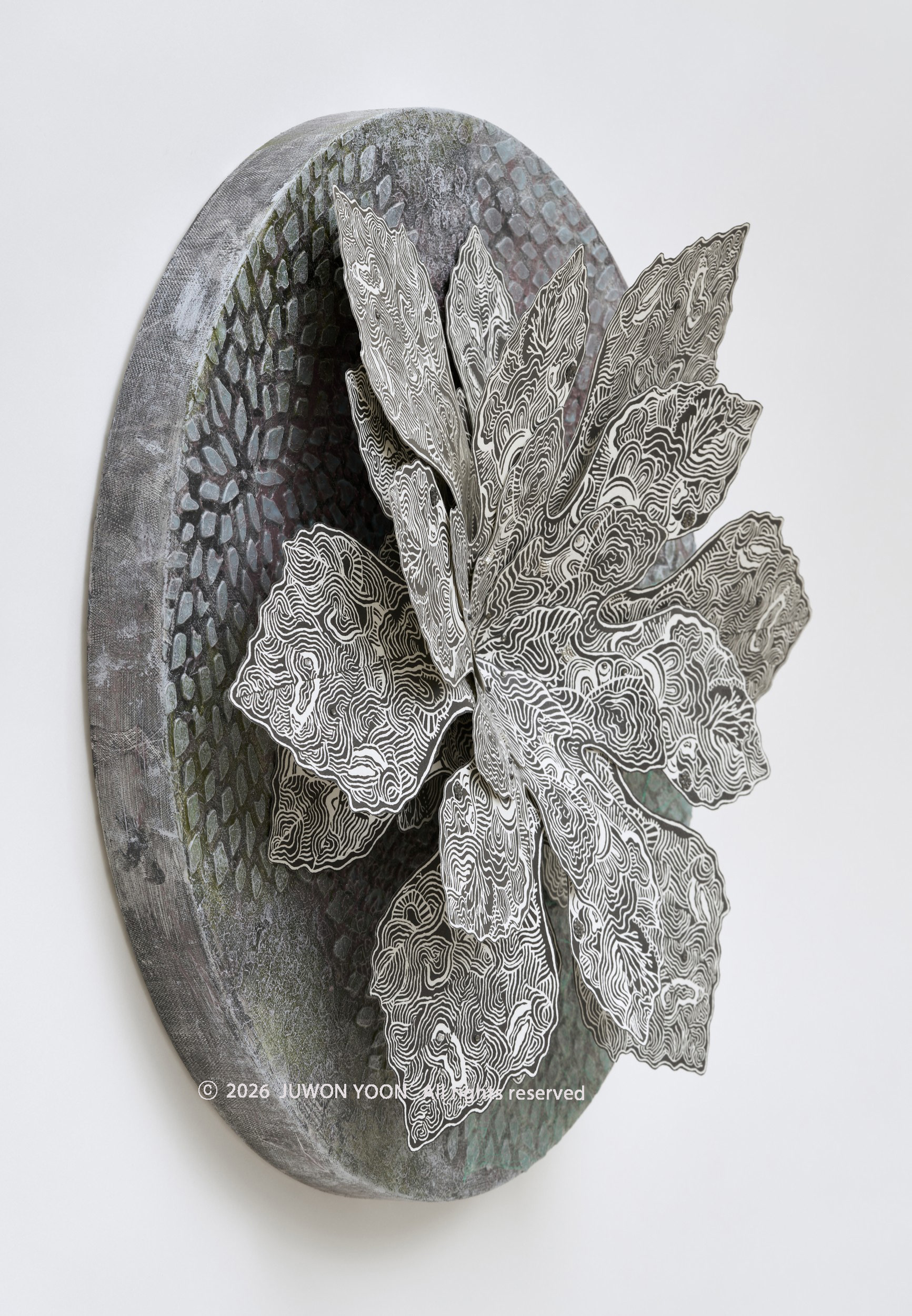 여섯잎의 순환:심연 Rebirth-Hexa Foliage: Abyss Ø50cm mixed media on canvas 2026
