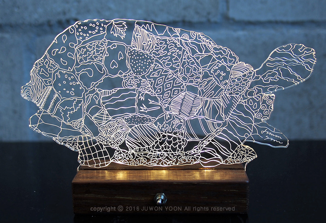 TORTOISE LED LAMP W13xL20.5xH5cm acrylic panel, LED base (Merbau wood) USB cable and adaptor 2016 (sold out)
