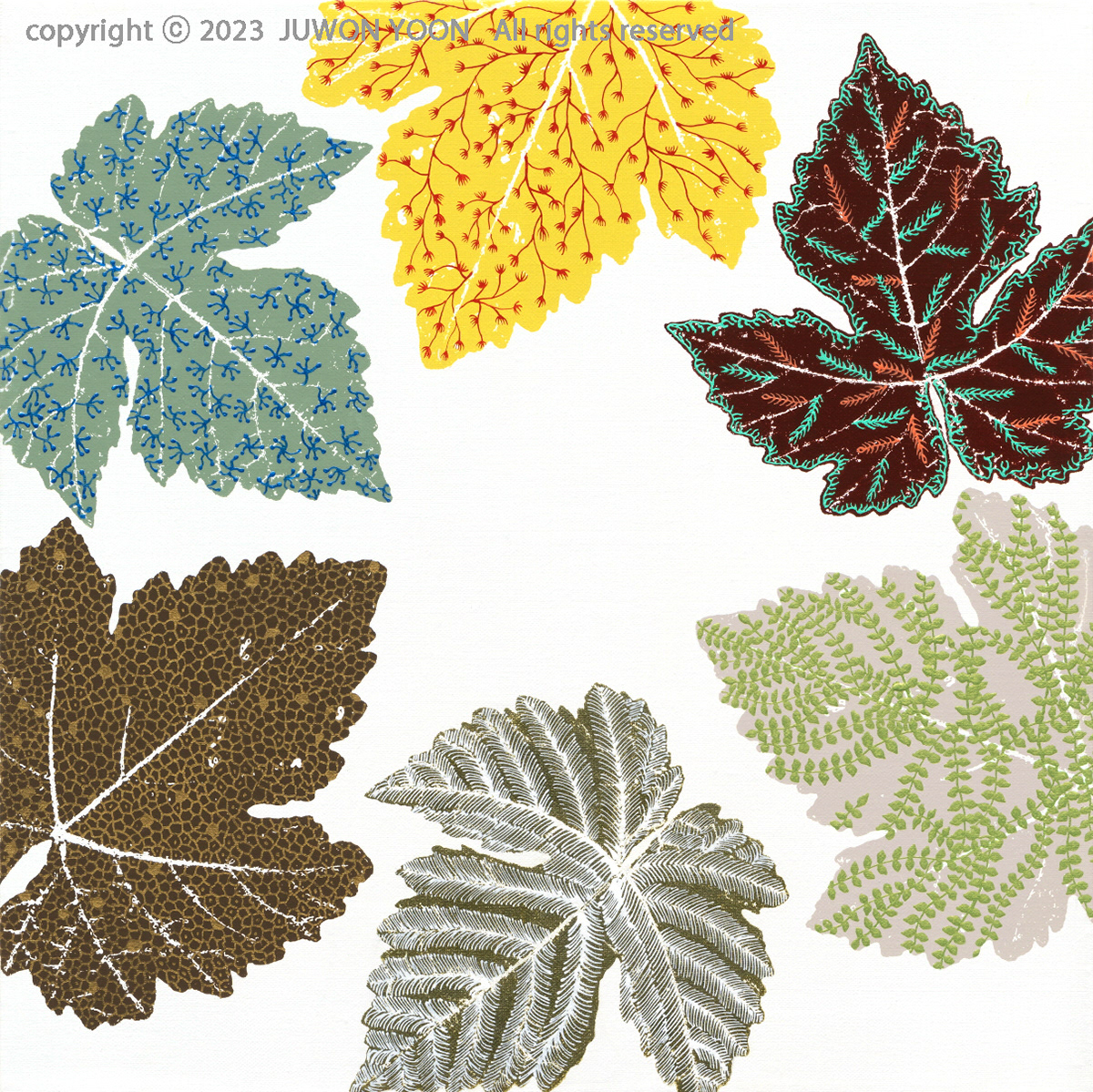 가을이파리 AUTUMN FOLIAGE 45.5x45.5cm, silkscreen and acrylic on canvas, 2023
