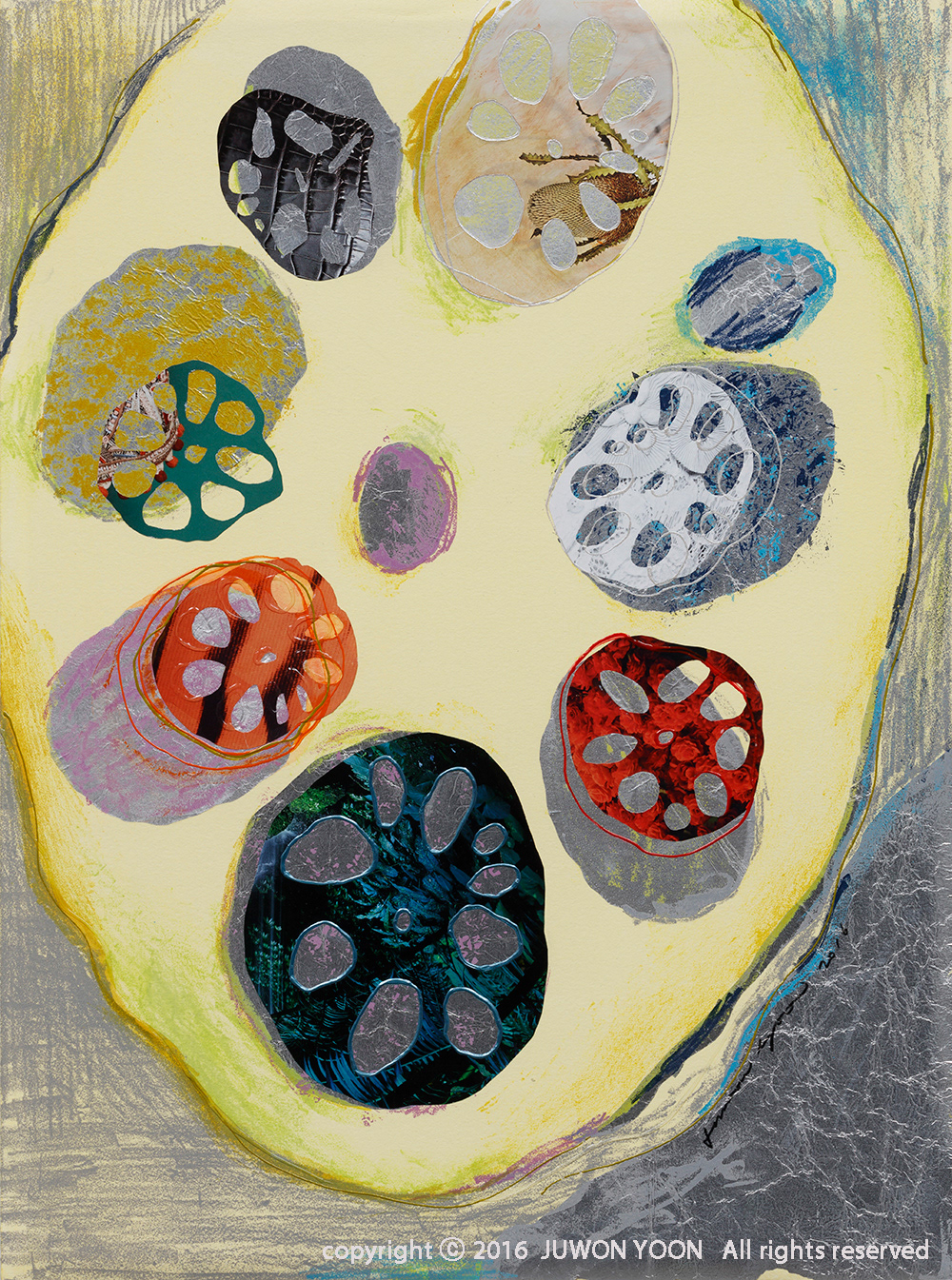 연근 LOTUS ROOT 04 lithograph, acrylic and collage on fabriano 2016