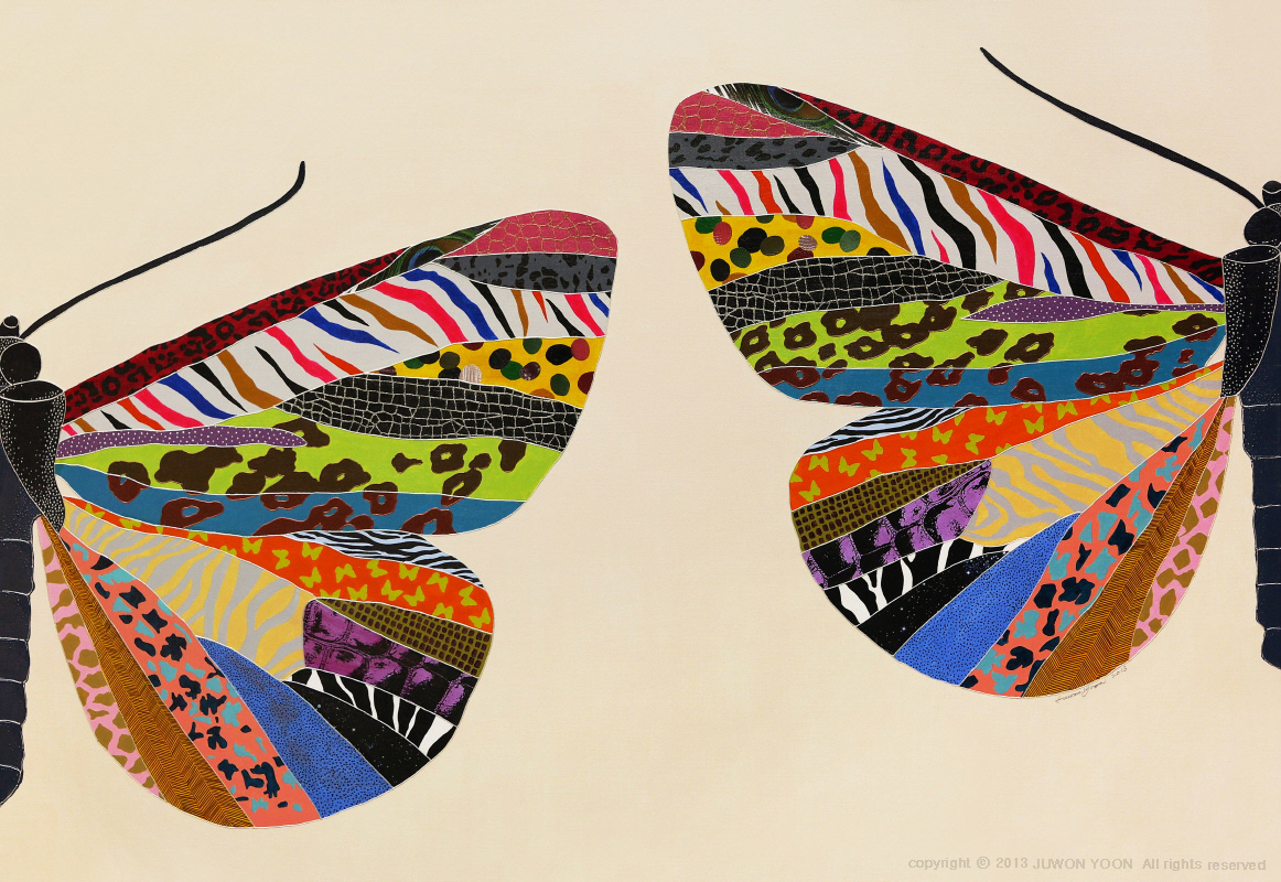  두개의 반쪽 날개가 온전한 하나를 만든다 TWO HALVES MAKE A WHOLE  162.2x112cm acrylic and collage on canvas 2013