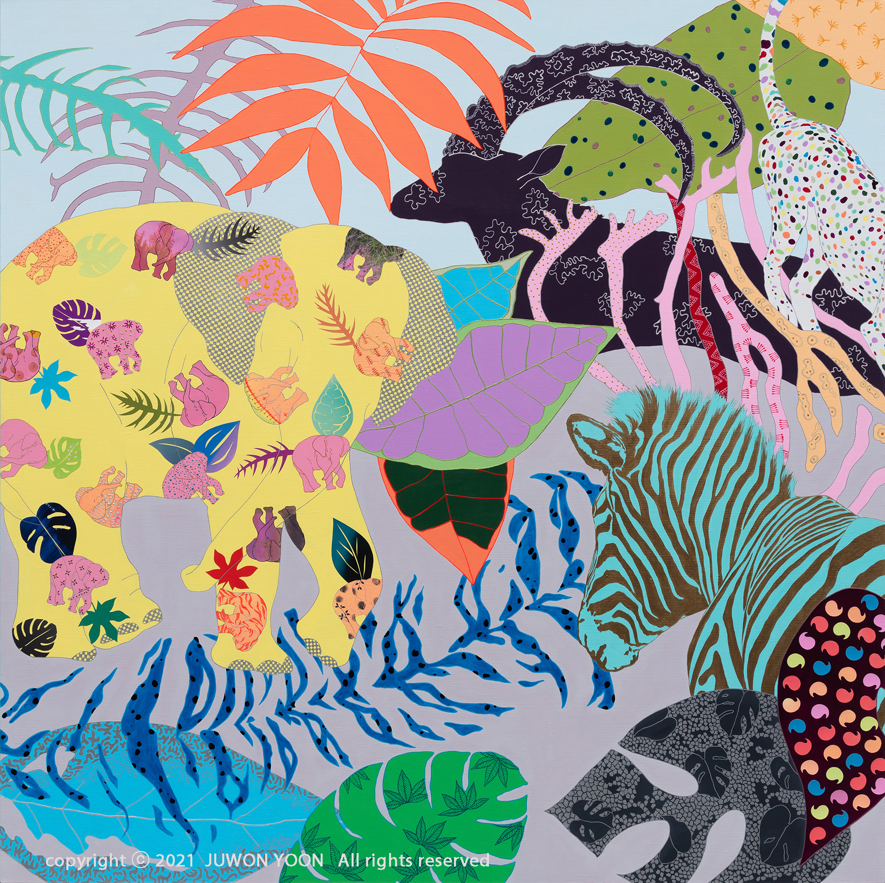 오색찬란 COLORFUL WONDERS OF NATURE 130x130cm acrylic and collage on canvas 2021