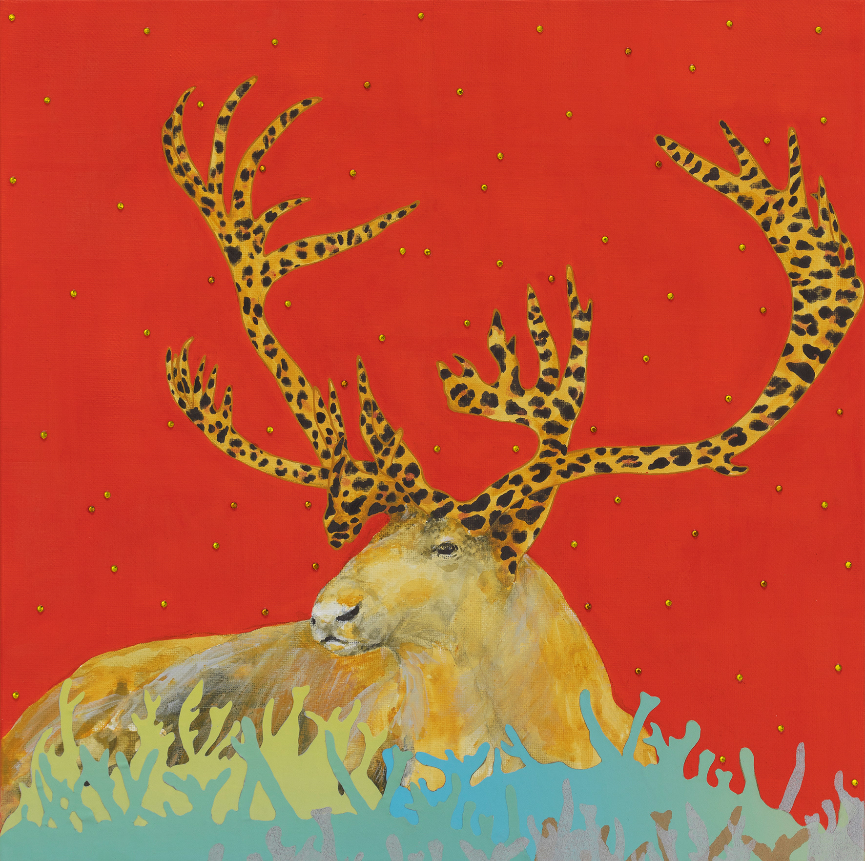  레오파드 사슴뿔 LEOPARD ANTLER 38x38cm, acrylic and collage on canvas, 2022