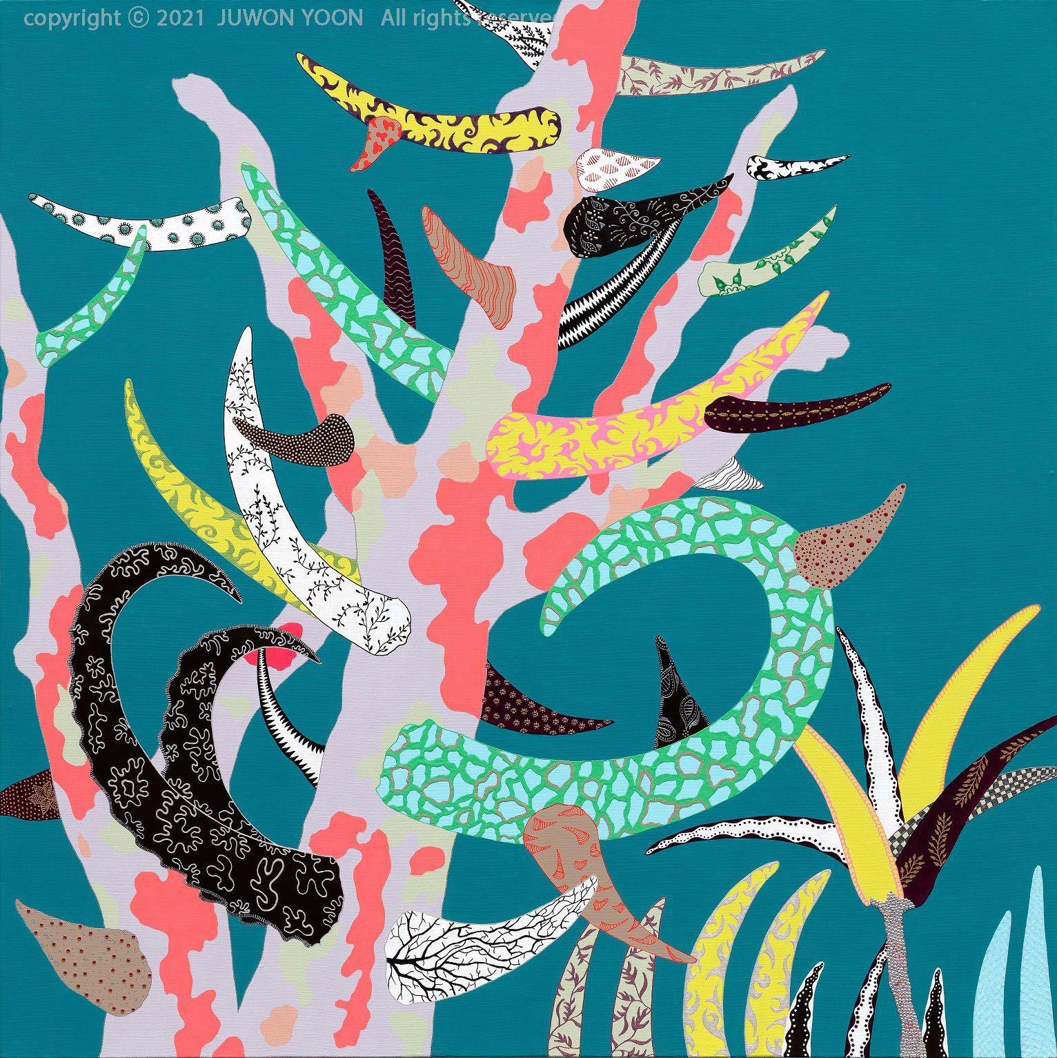  생명나무 TREE OF LIFE 91x91cm. acrylic and collage on canvas,.2021