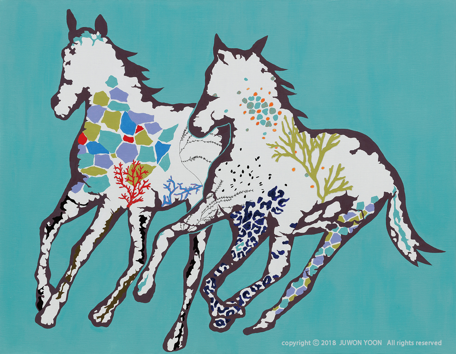 달리는 말 한 쌍 A PAIR OF RUNNING HORSES 90.5x116.5cm acrylic on canvas 2018