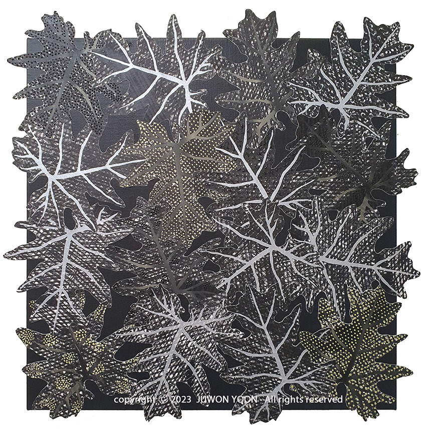 FOLIAGE BW 45.5x45.5cm (10S), silkscreen, acrylic and collage on canvas, 2023